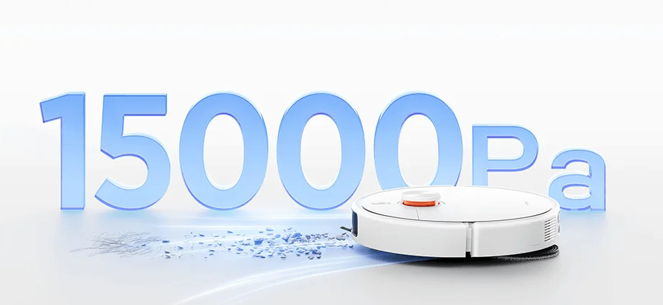 Biały robot odkurzający czyści kurz przed dużymi niebieskimi liczbami 1500Pa.