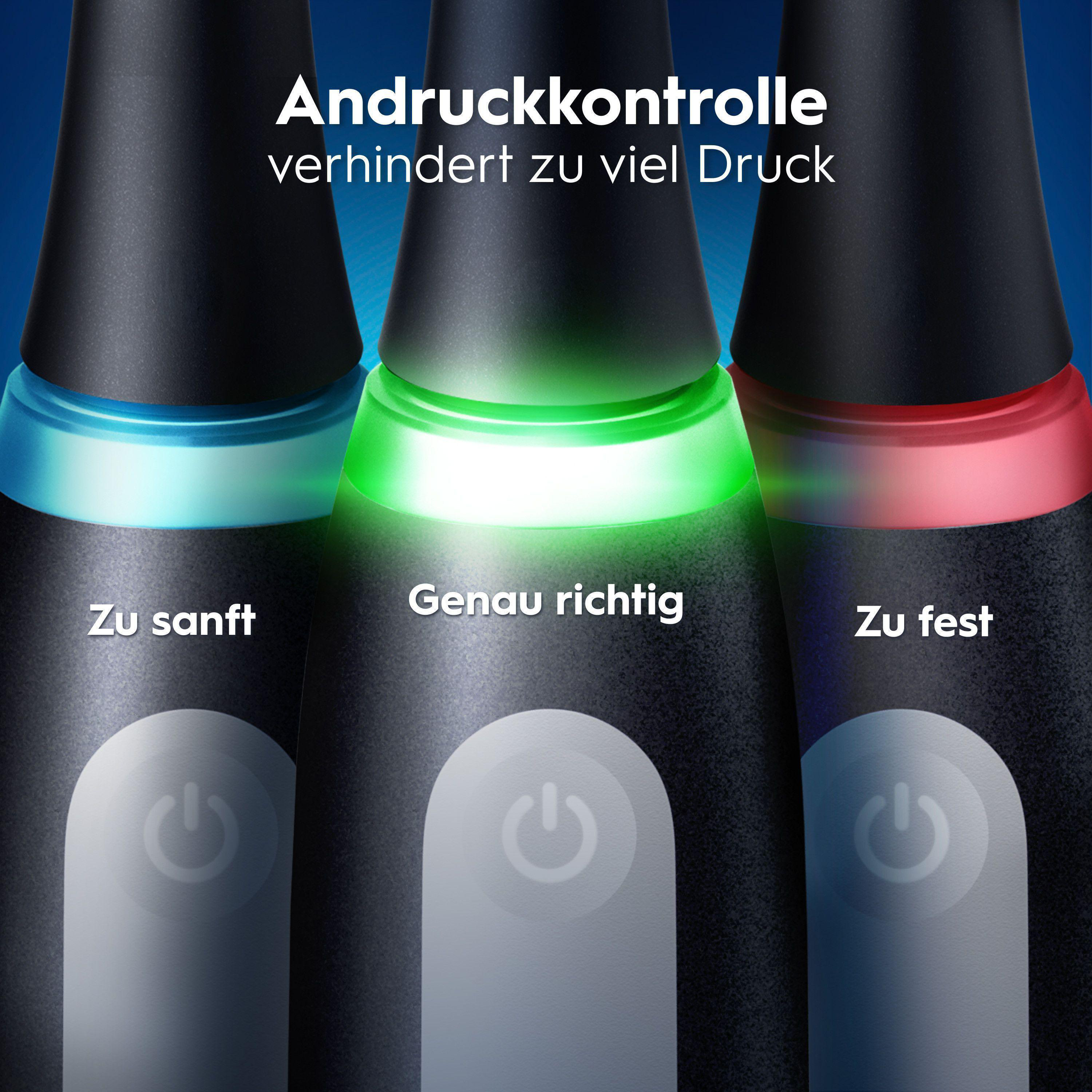 Drei Zahnbürstenköpfe zeigen Druckkontrolle: blau zu sanft, grün genau richtig, rot zu fest.
