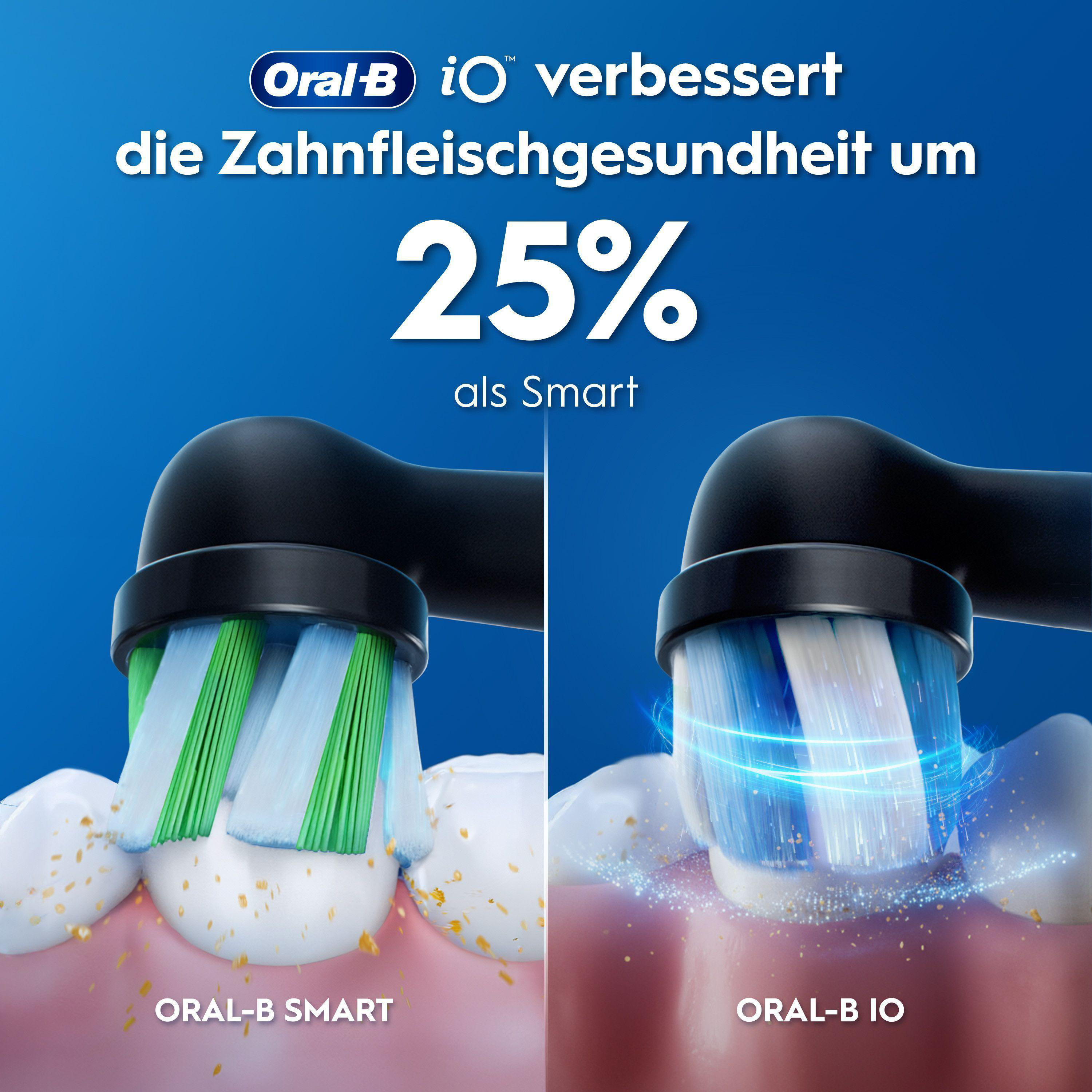 Oral-B iO Zahnbürste mit grünen Borsten reinigt Zähne. Rechts: Blaue Borsten mit Lichteffekt.