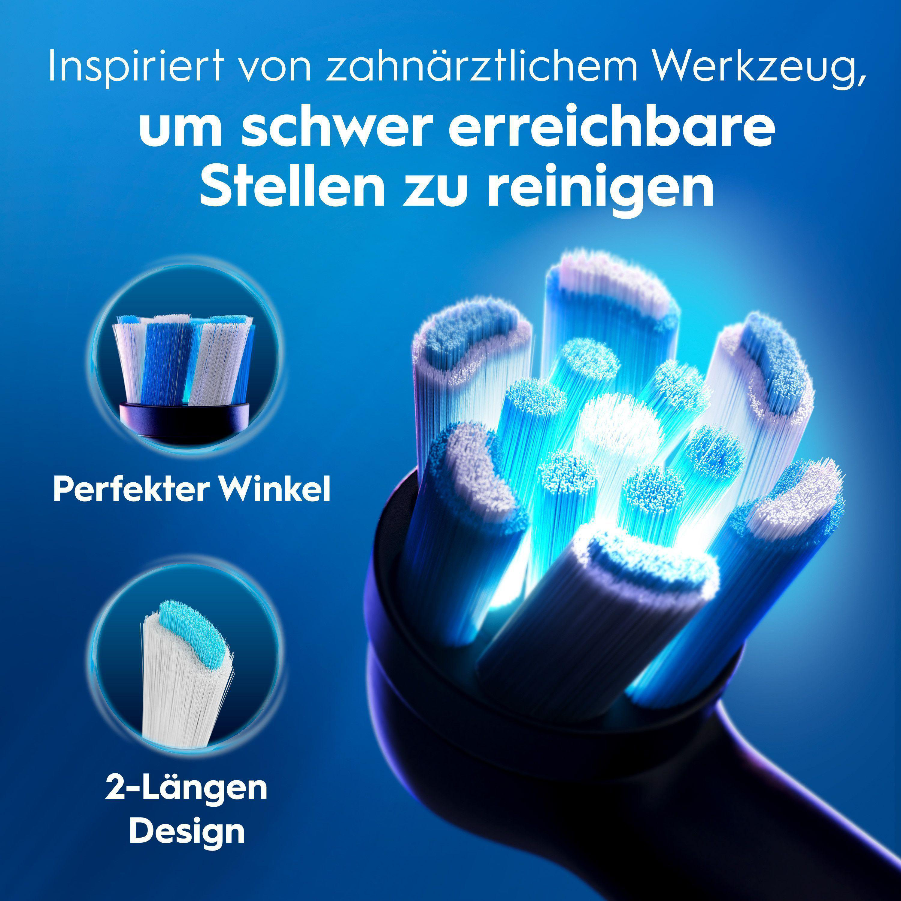 Elektrische Zahnbürstenköpfe mit blauen und weißen Borsten im Detail.