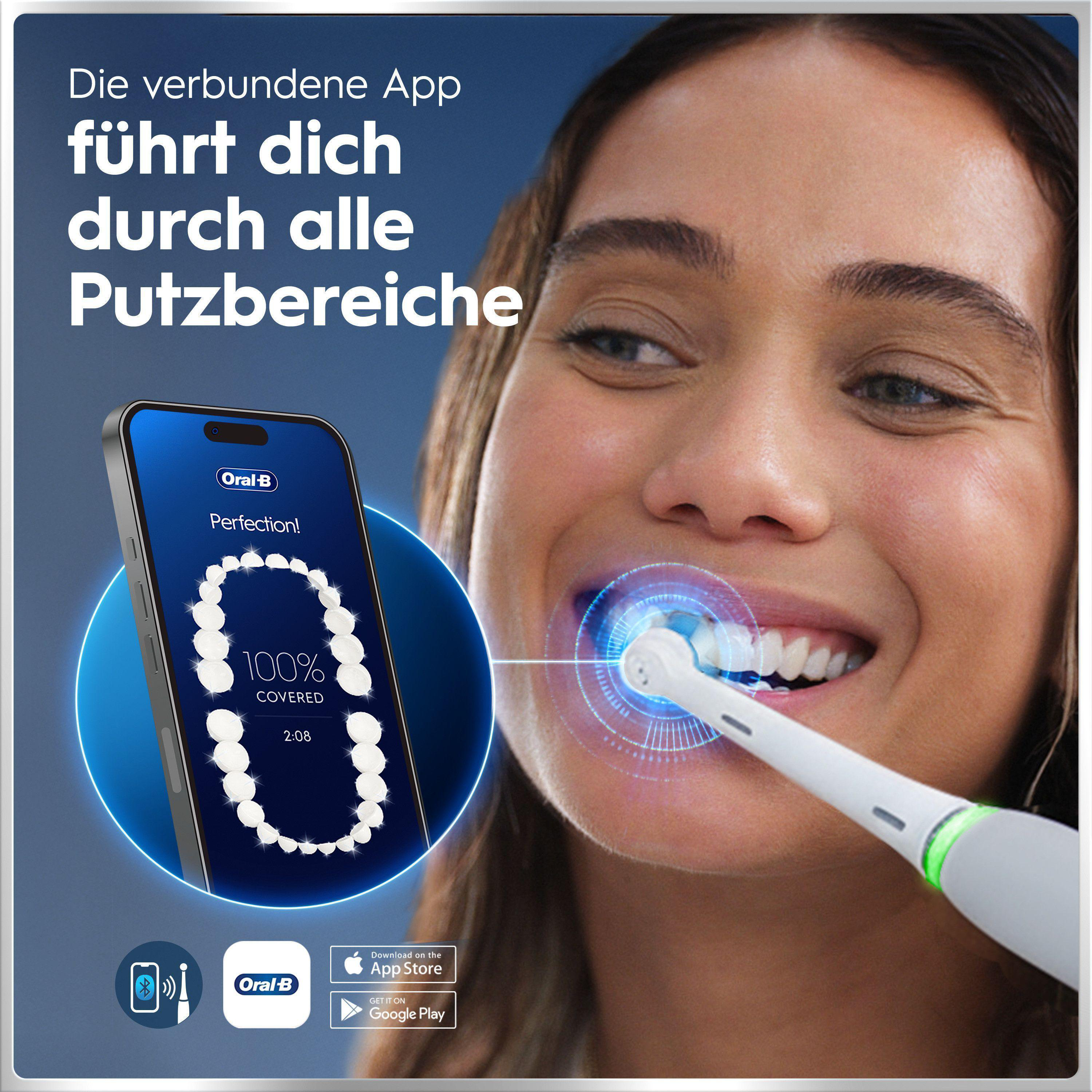 App leitet zur Zahnreinigung an. Smartphone zeigt 100% Abdeckung.