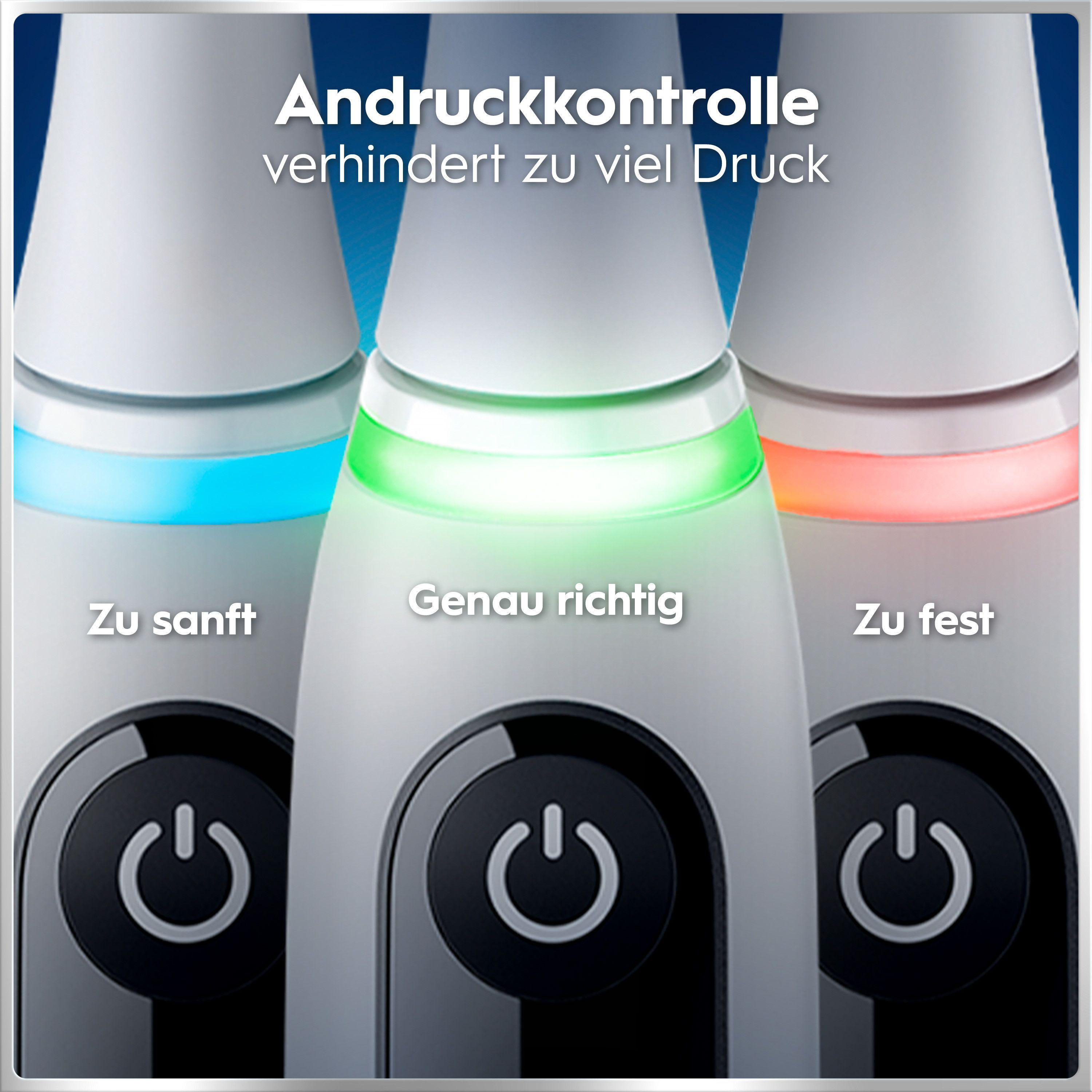Drei elektrische Zahnbürsten mit Druckkontrolle: blau (zu sanft), grün (genau richtig), rot (zu fest).