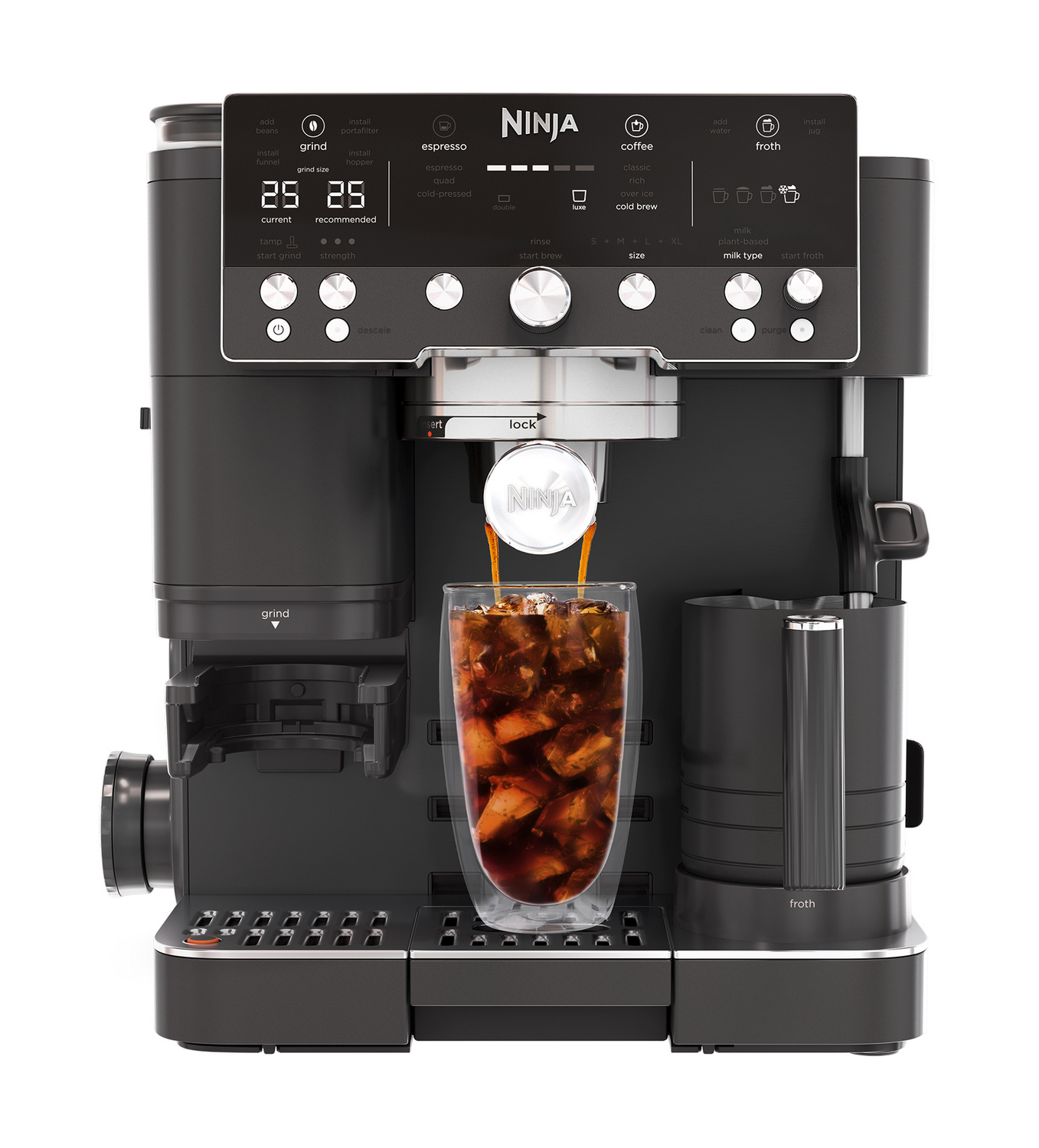 Una cafetera Ninja negra prepara café helado en un vaso de doble pared.