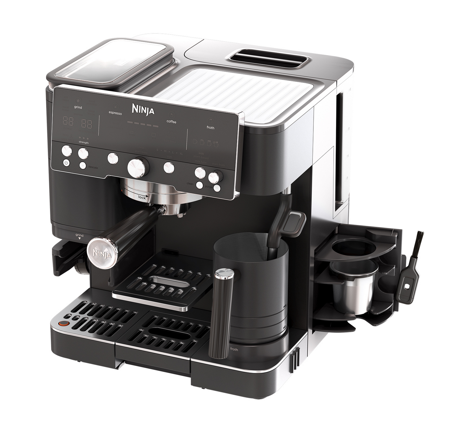 Una cafetera Ninja negra con detalles plateados y botones de control, diseño todo en uno.