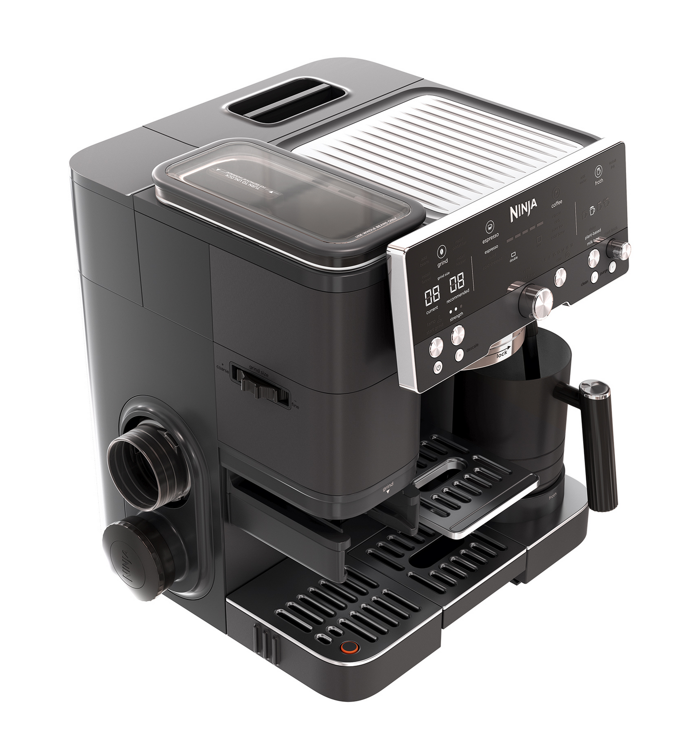 Cafetera negra con detalles plateados, pantalla digital y panel de control.