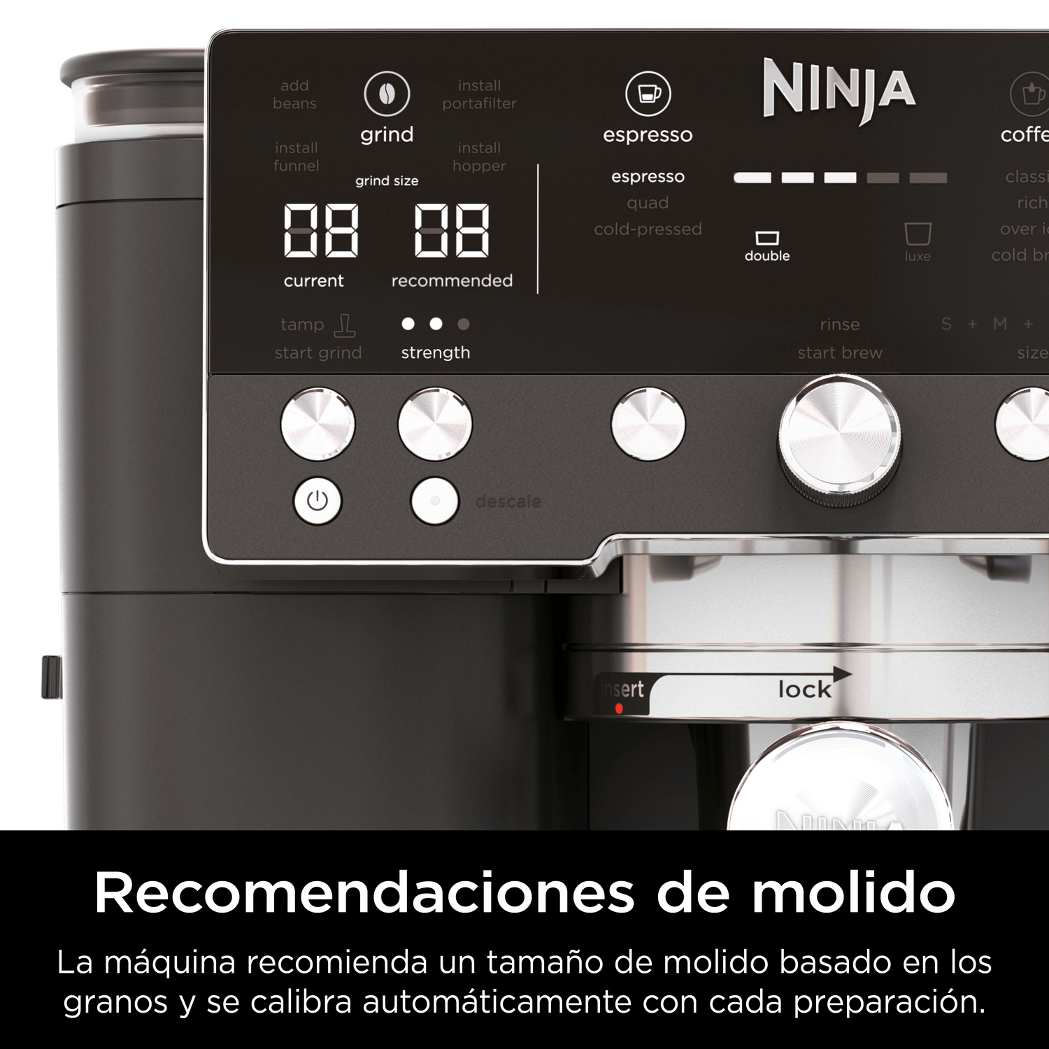 Primer plano de una cafetera con pantallas digitales y controles.