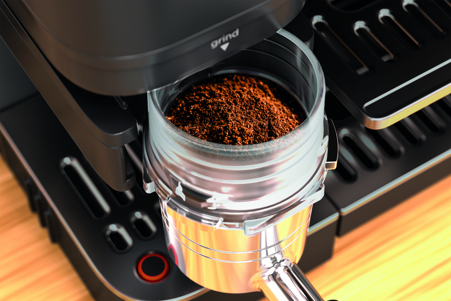 Máquina de café con portafiltro lleno de café molido.