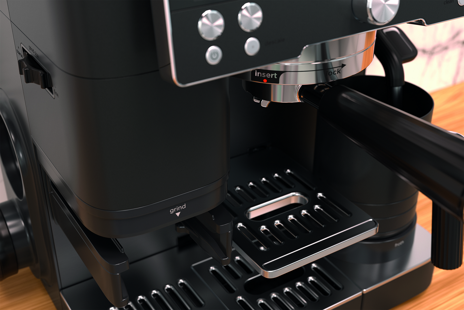 Primer plano de una cafetera negra con botones de control y bandeja de goteo.