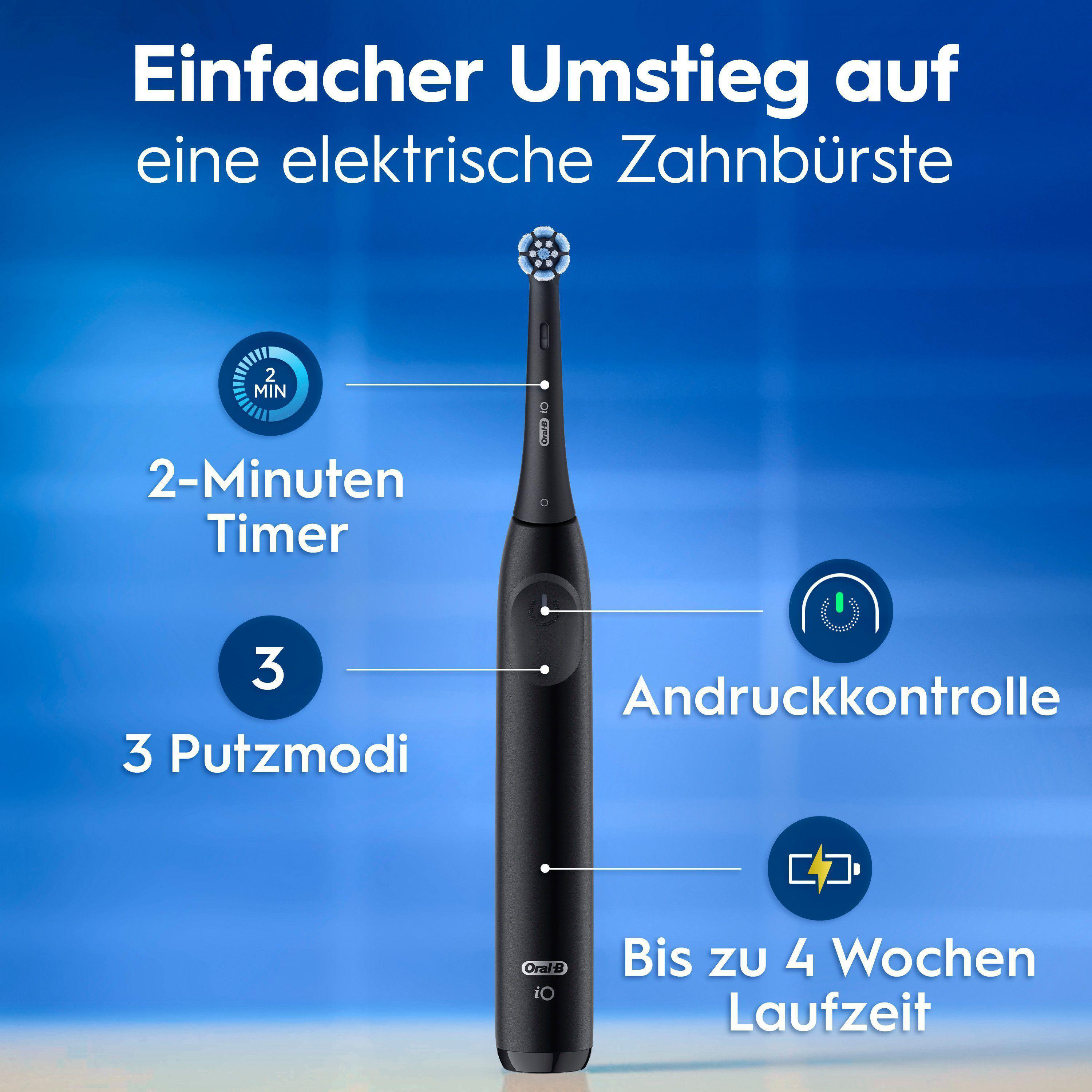 Schwarze Oral-B iO Zahnbürste mit 2-Minuten Timer, 3 Modi & Druckkontrolle.