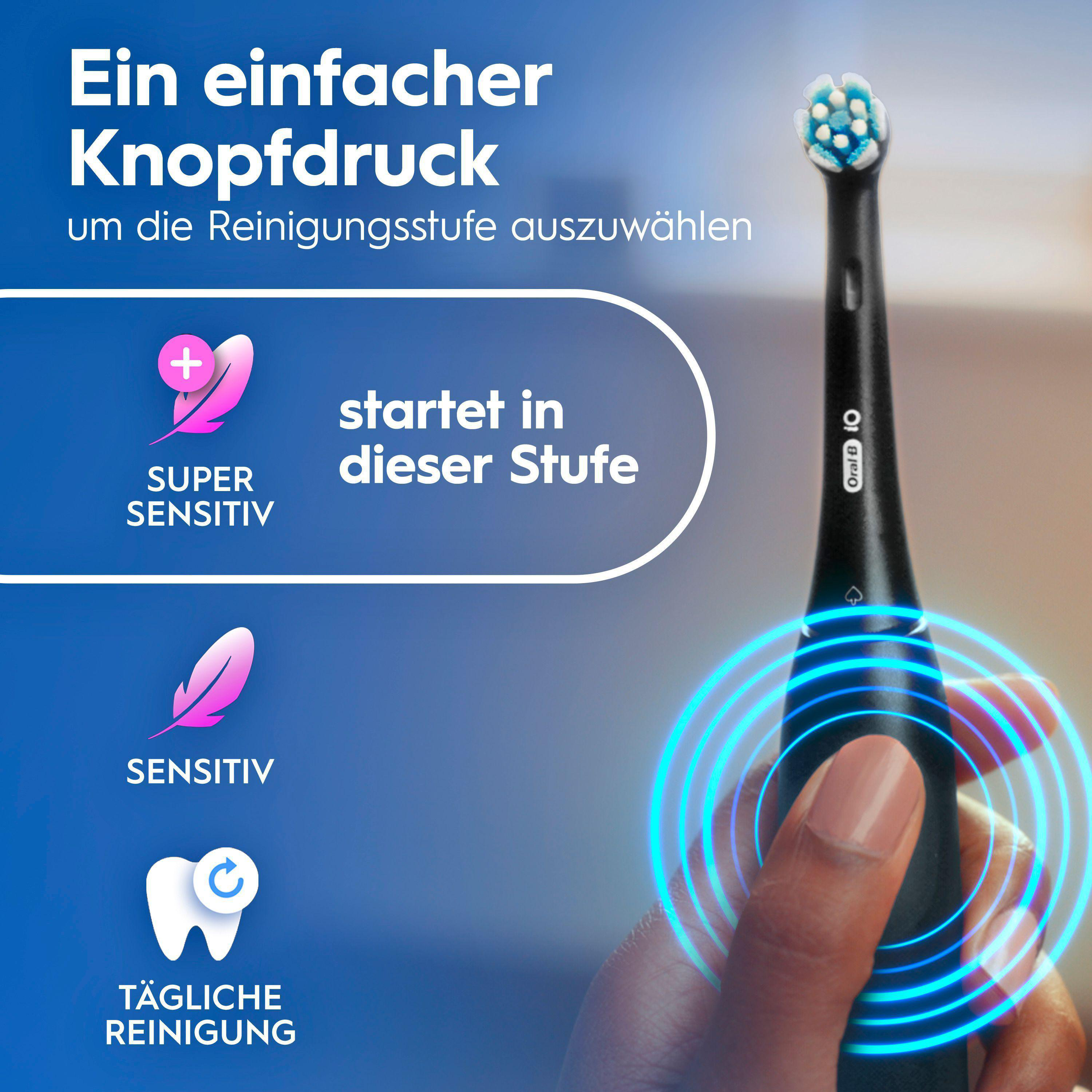 Elektrische Zahnbürste mit verschiedenen Reinigungsmodi: Super Sensitiv, Sensitiv, Tägliche Reinigung.
