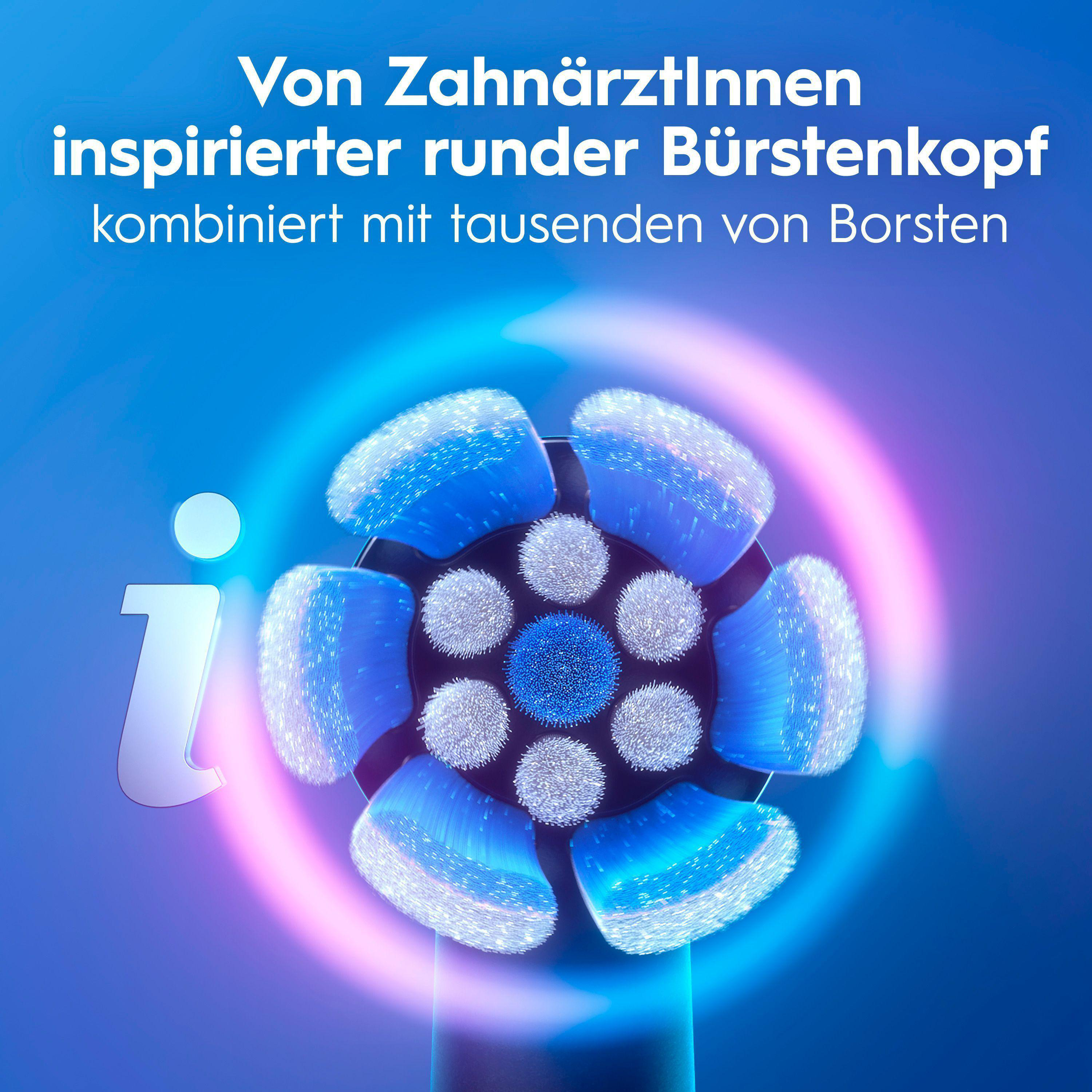 Elektrische Zahnbürstenkopf mit blauen und weißen Borsten vor einem blauen Hintergrund.