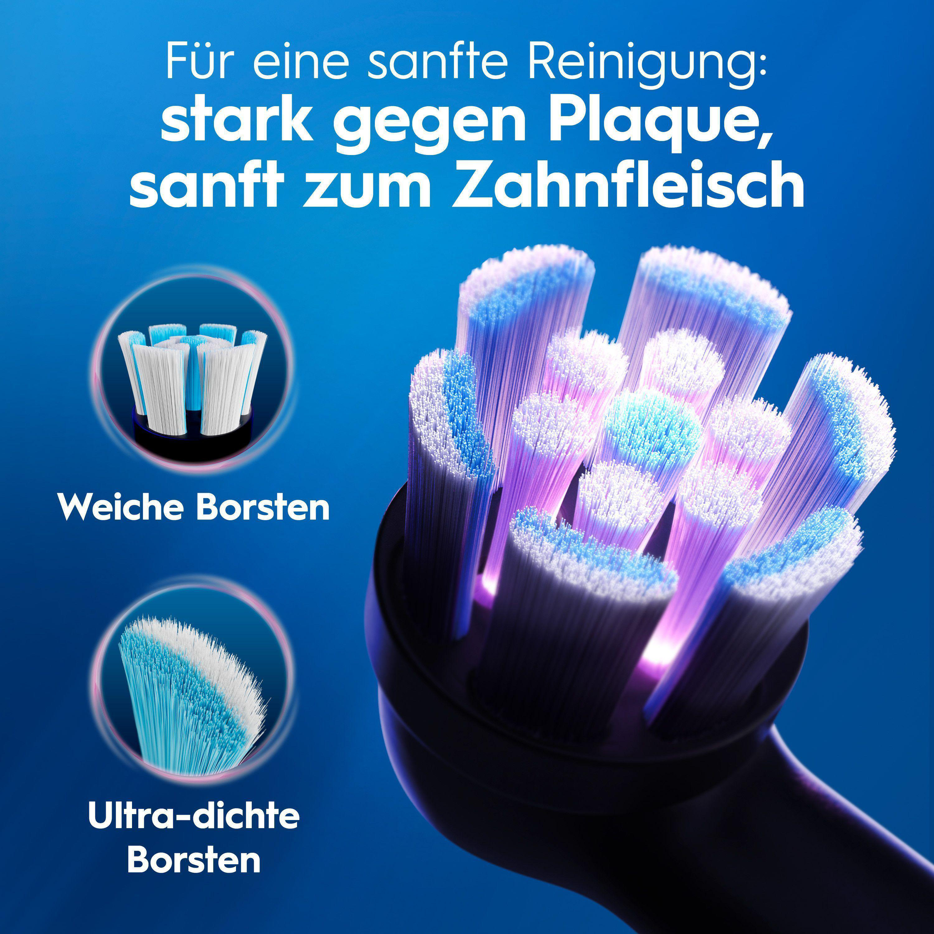 Nahaufnahme eines elektrischen Zahnbürstenkopfes mit blau-weißen Borsten.