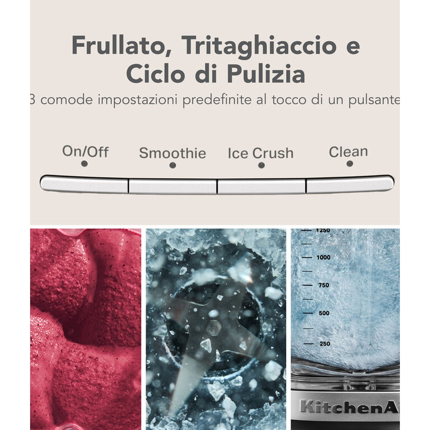Un frullatore con opzioni frullato, ghiaccio tritato e pulizia. Mostra frutta rossa, ghiaccio e acqua.