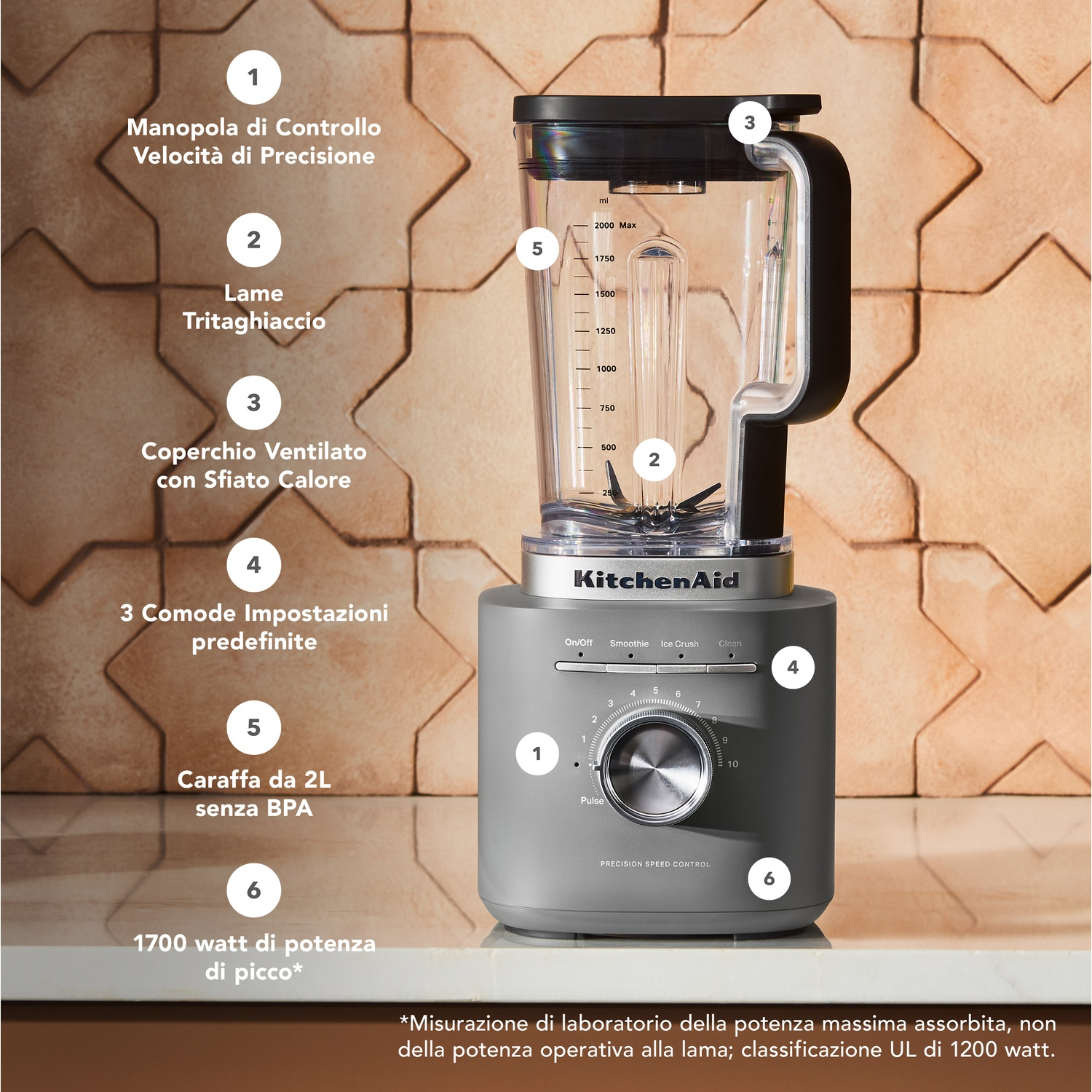 Frullatore KitchenAid grigio con controllo velocità precisione e caraffa da 2L.
