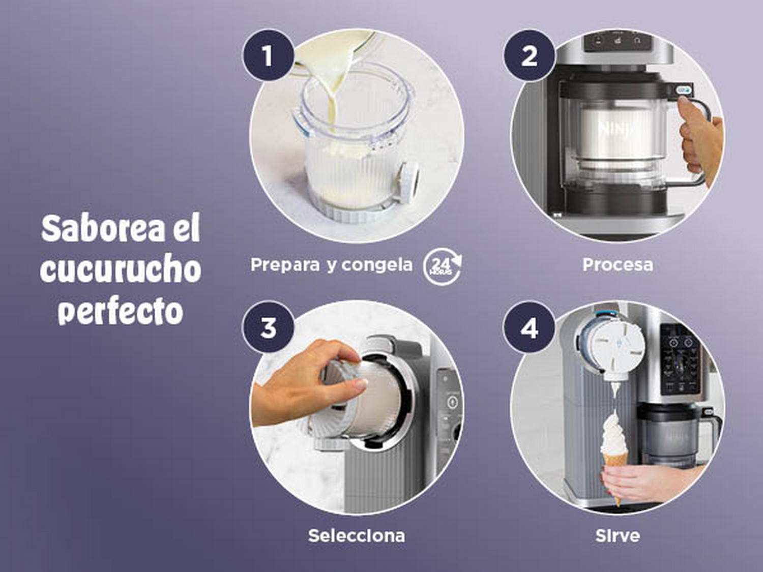 Disfruta del helado de bola perfecto" + "Prepara y congela" + "Procesa" + "Personaliza" + "Sirve"
