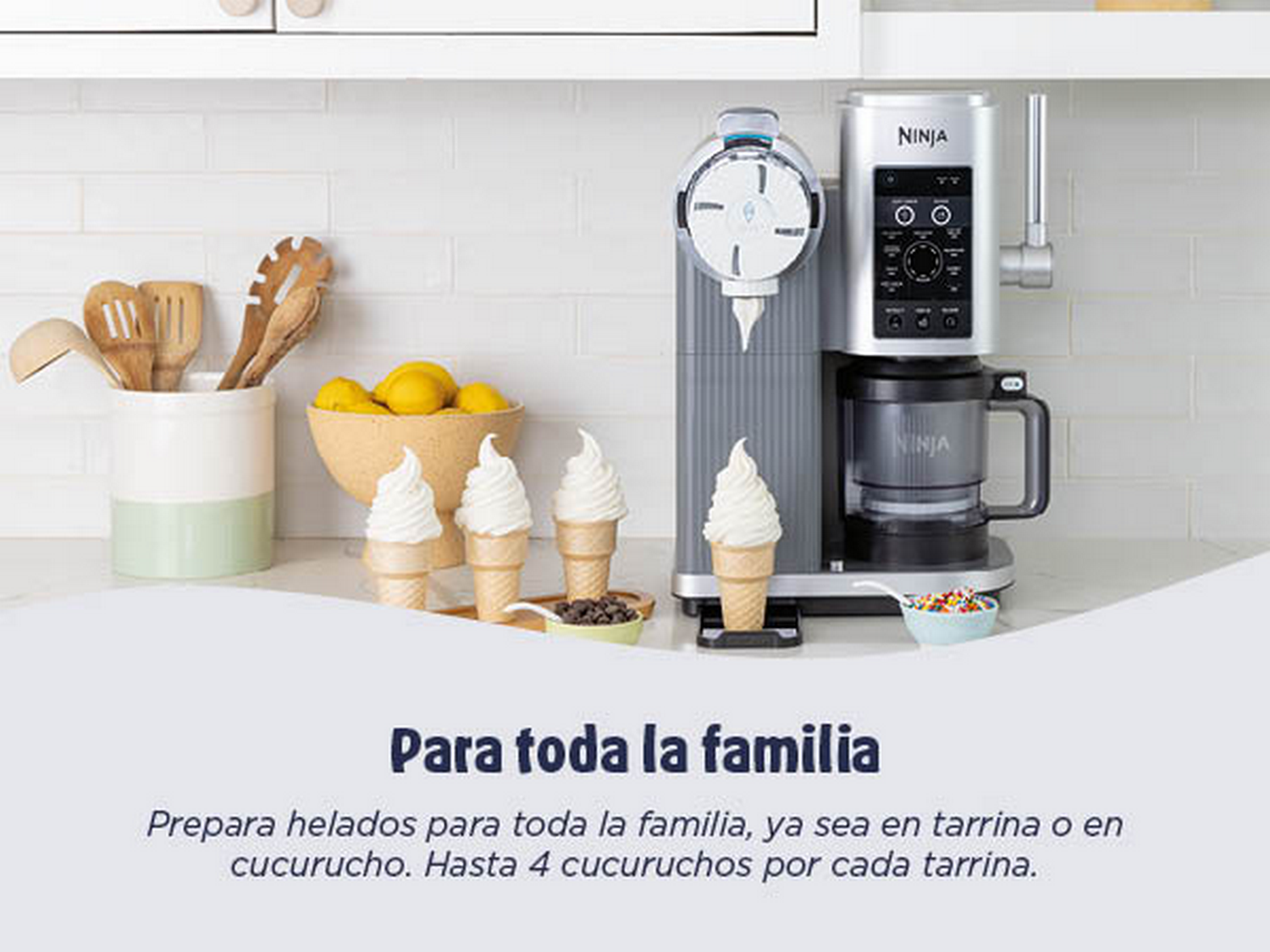 Para toda la familia. Prepara helados para toda la familia, ya sea en tarrina o en cucurucho. Hasta 4 cucuruchos por cada tarrina.