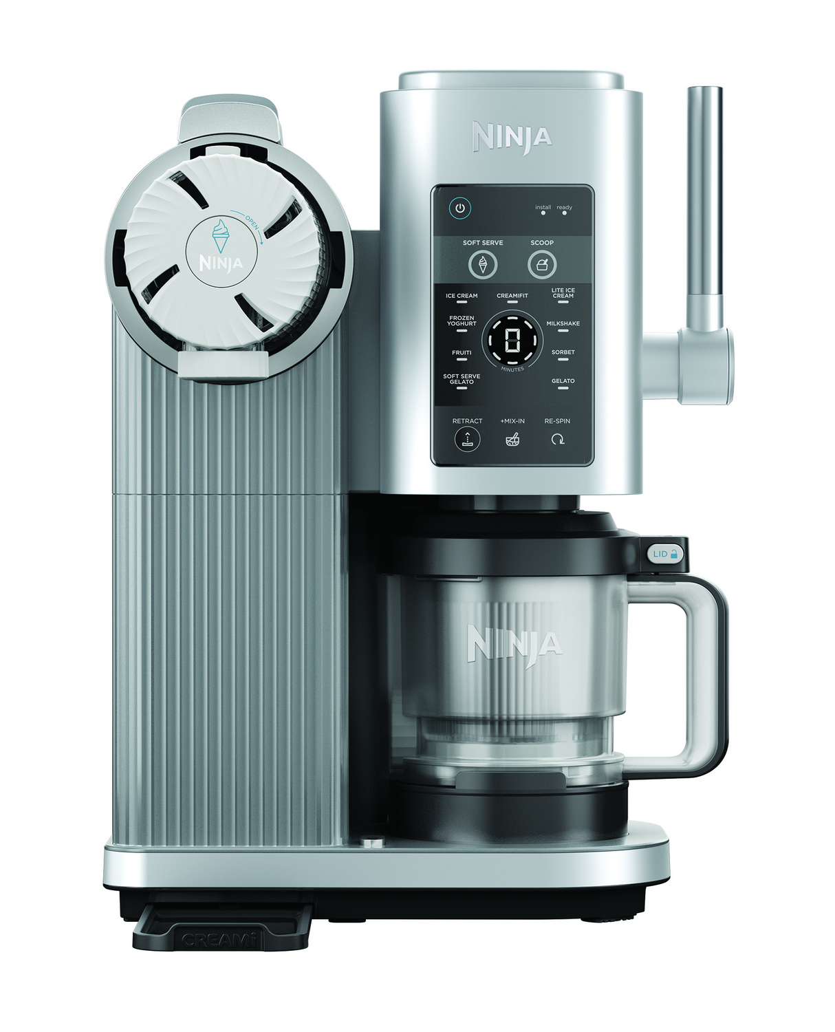 Máquina plateada Ninja para hacer helados con panel de control y recipiente.