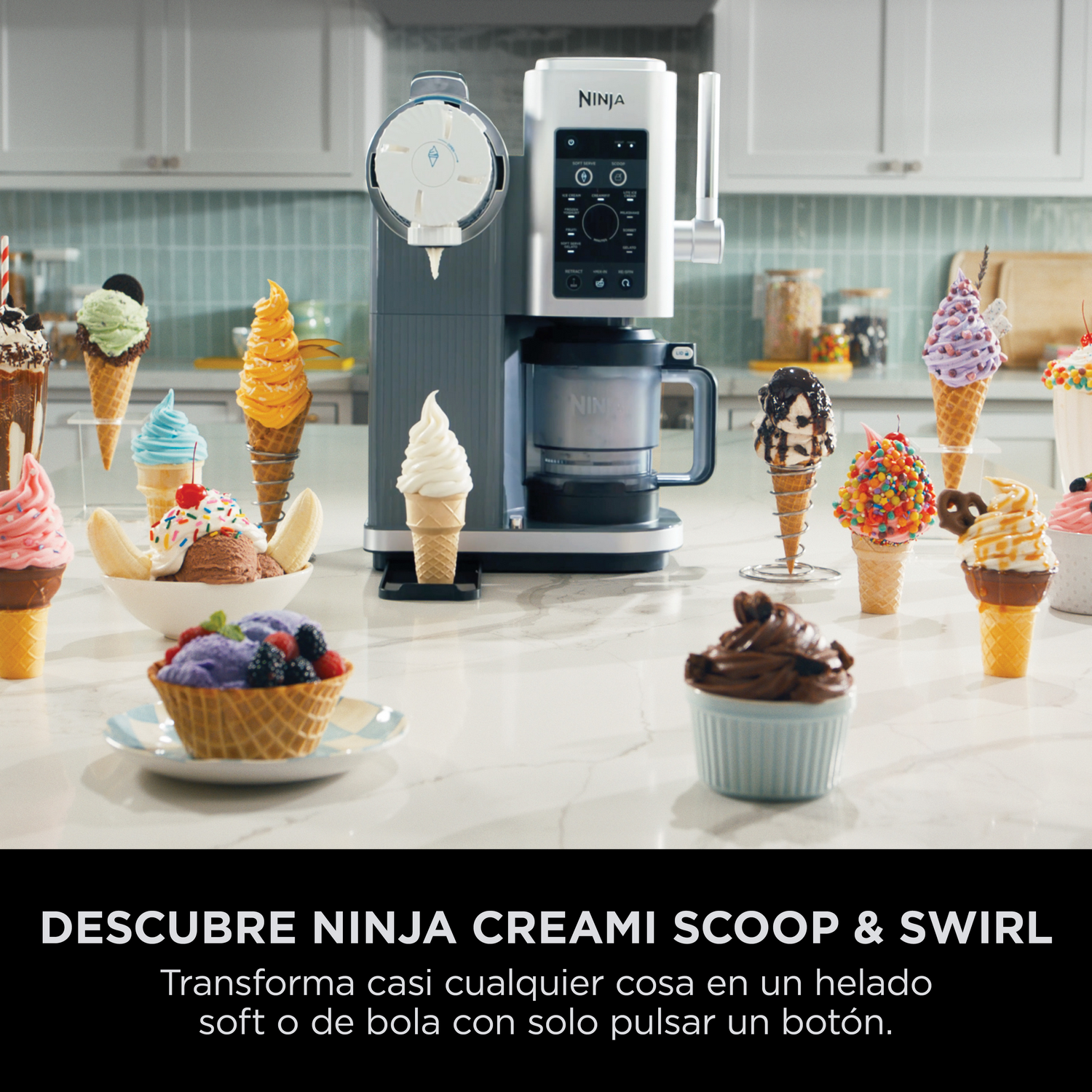 DESCUBRE NINJA CREAMI SCOOP & SWIRL. Transforma casi cualquier cosa en un helado soft o de bola con solo pulsar un botón.