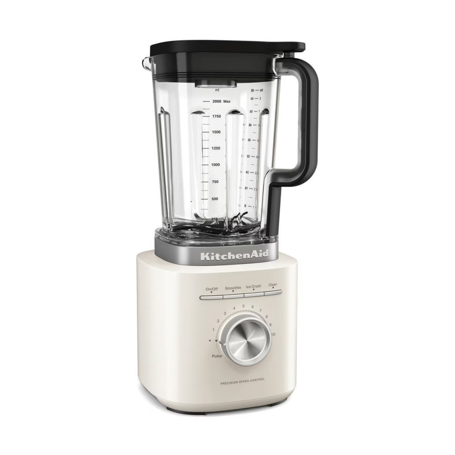 Un frullatore KitchenAid color crema con boccale in vetro, coperchio nero e quadrante argentato.