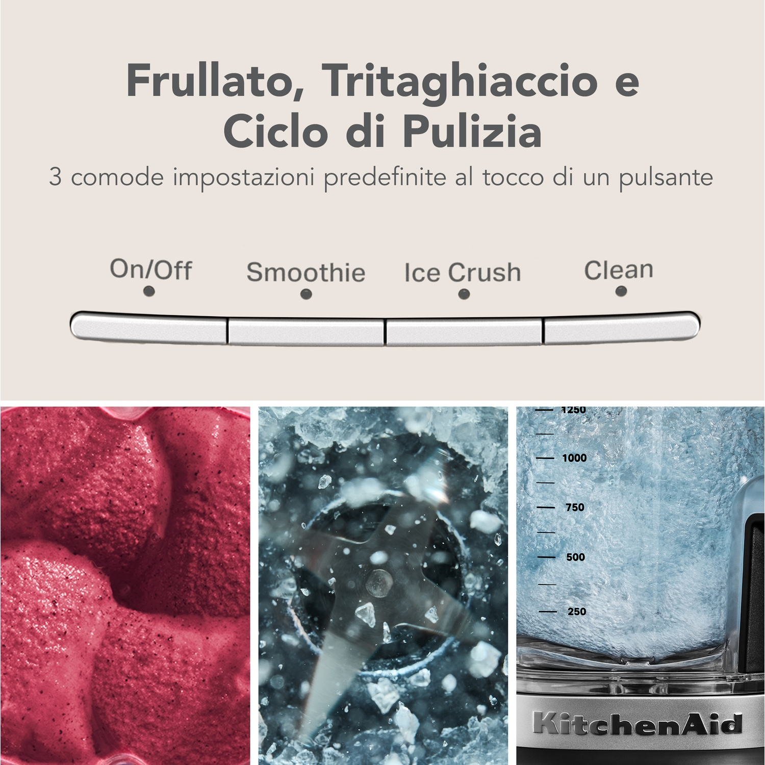 Un frullatore con modalità Frullato, Tritaghiaccio, Pulizia. Primo piano di purea e ghiaccio.