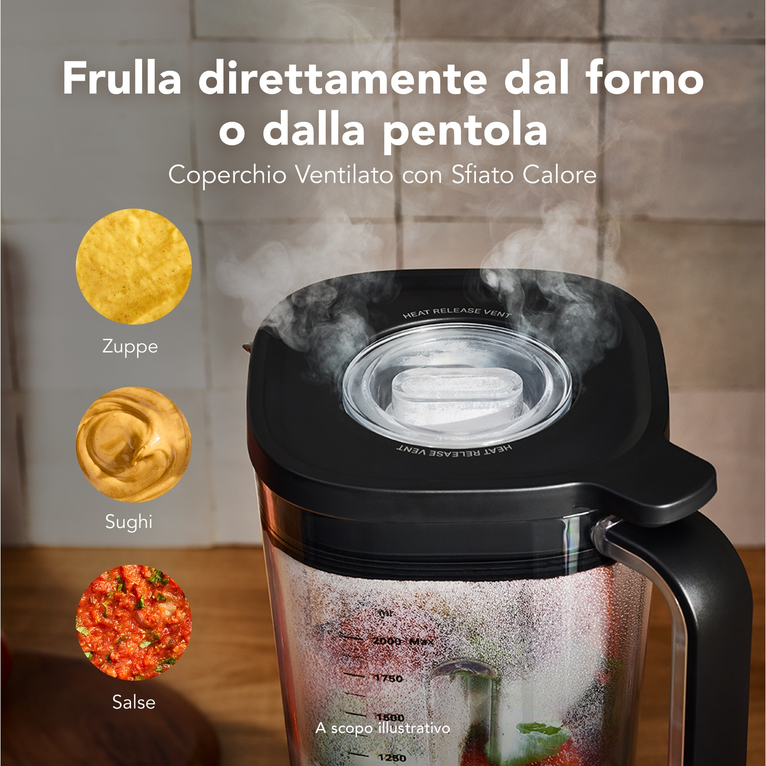 Coperchio ventilato con sfiato per frullatore con esempi di zuppe, sughi e salse.
