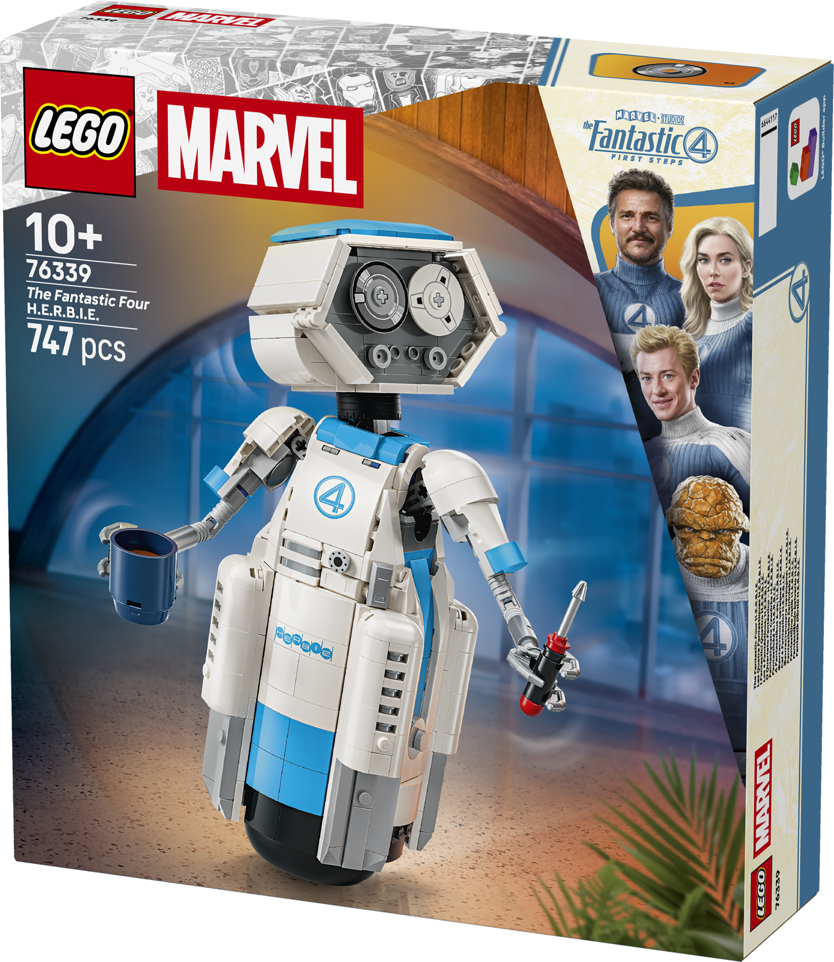 LEGO H.E.R.B.I.E. mit Tasse und Werkzeug, neben Fantastic Four Figuren.
