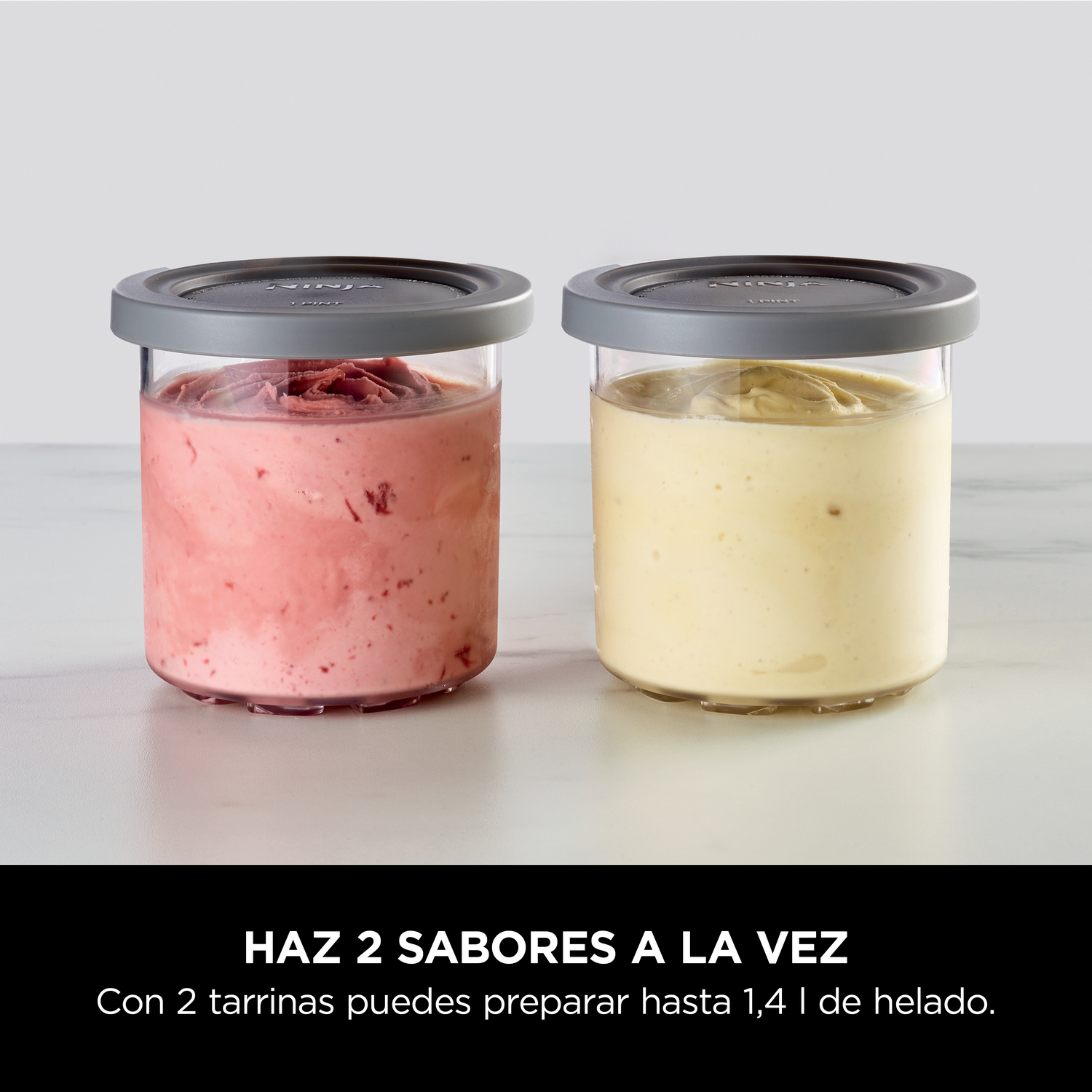 HAZ 2 SABORES A LA VEZ. Con 2 tarrinas puedes preparar hasta 1,4 l de helado.
