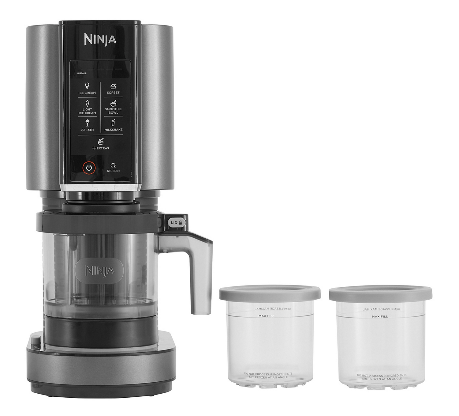 Una batidora gris para hacer helados Ninja con panel de control y dos recipientes transparentes.