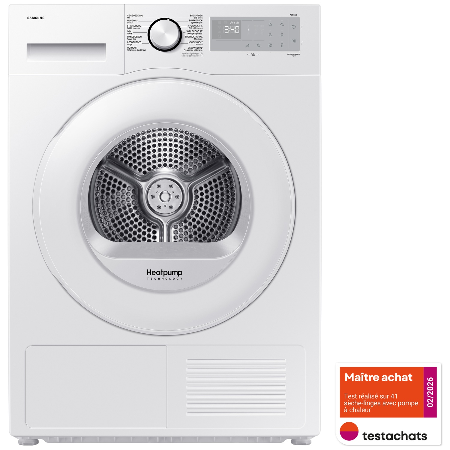 Un sèche-linge blanc Samsung à pompe à chaleur, avec écran et panneau de commande.