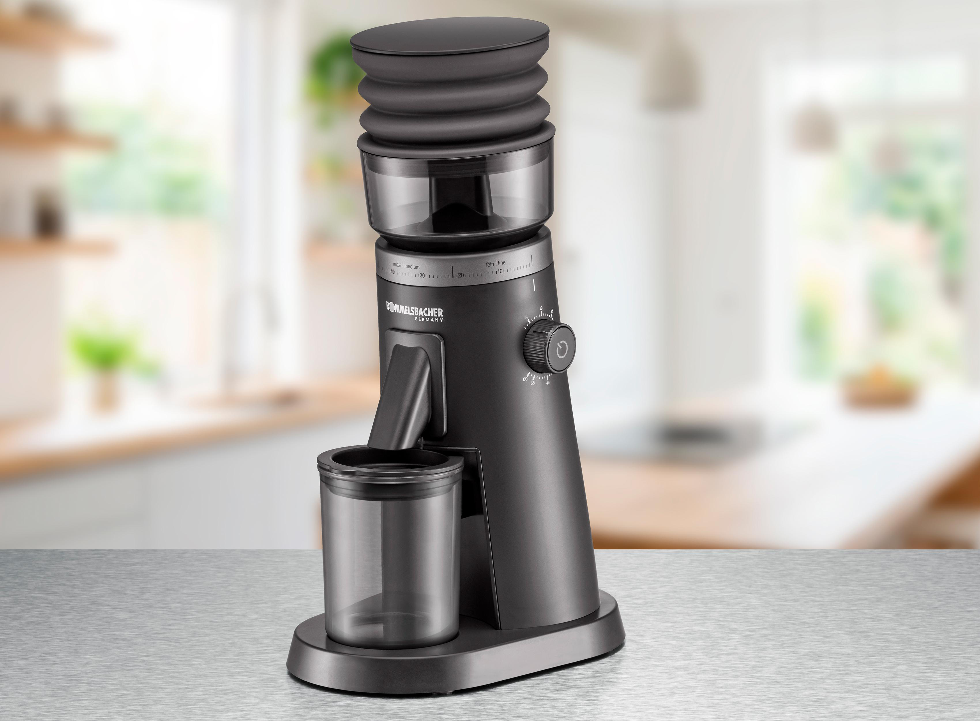 Schwarzer Kaffeemühle mit Mahlgrad-Einstellung und Auffangbehälter.