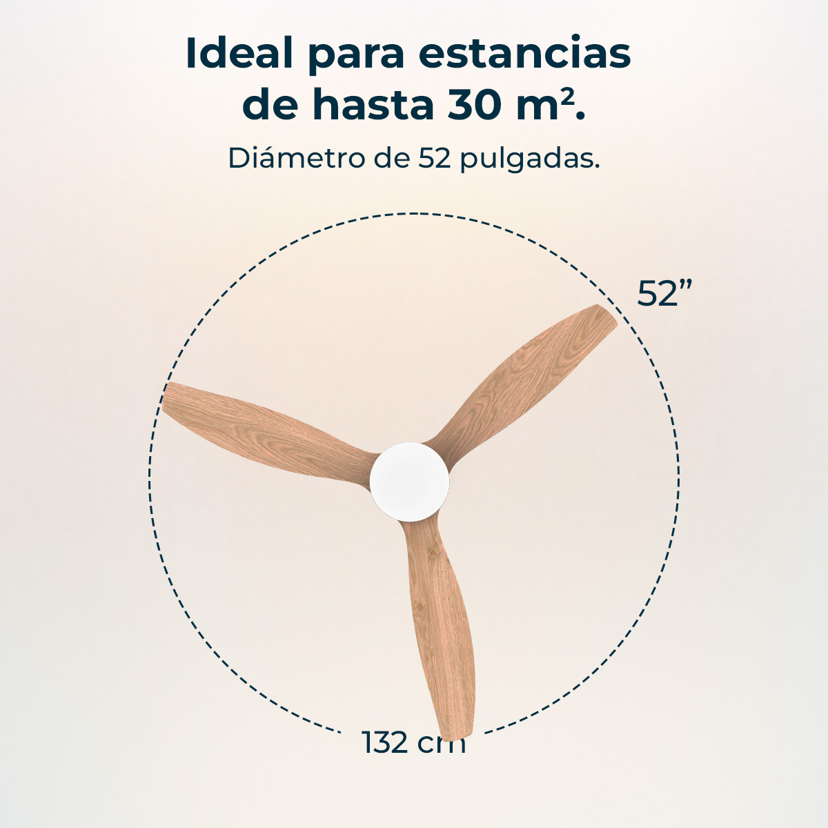 Ventilador de techo con tres aspas de madera, 52 pulgadas/132 cm.
