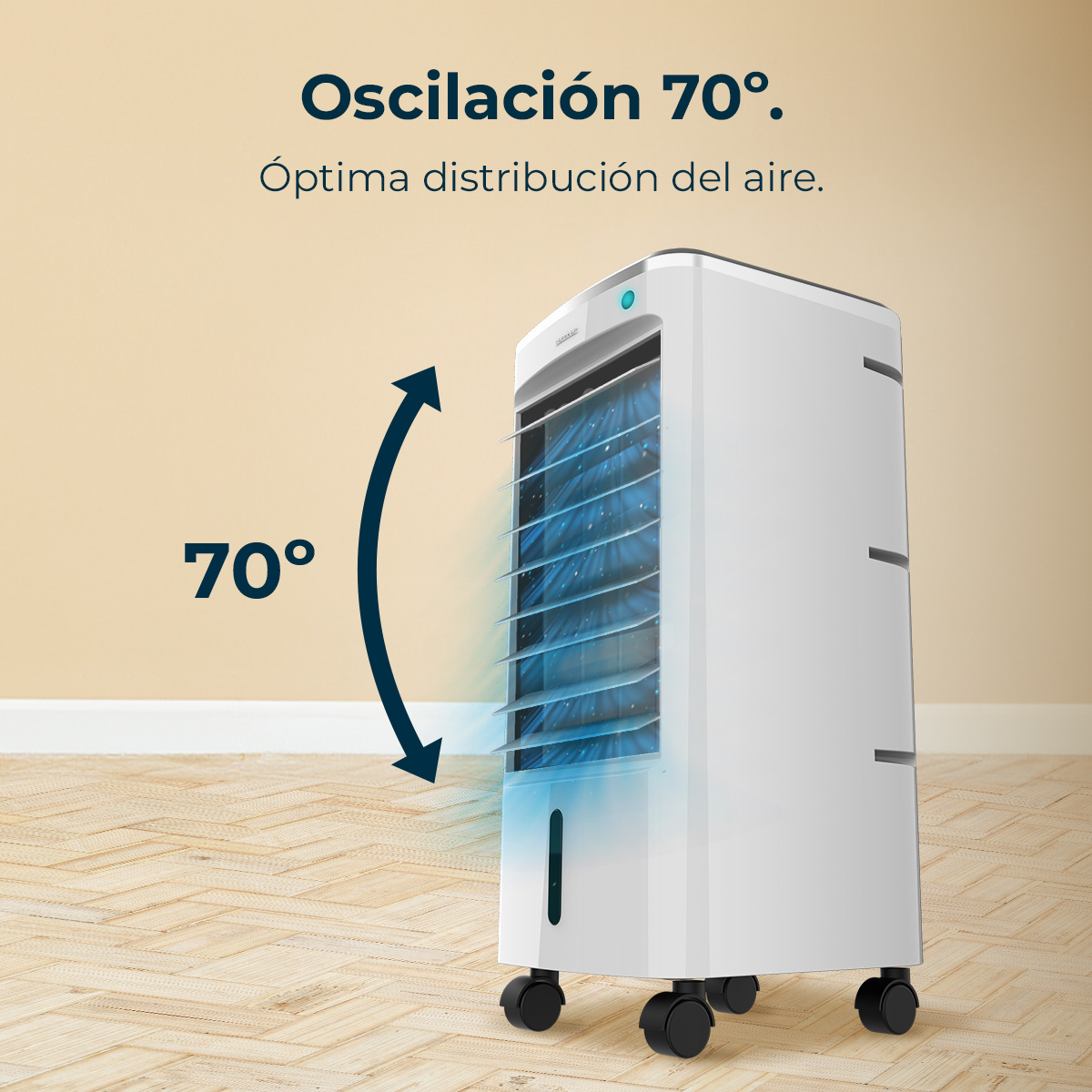 Un enfriador de aire blanco con oscilación de 70°, distribuyendo aire.