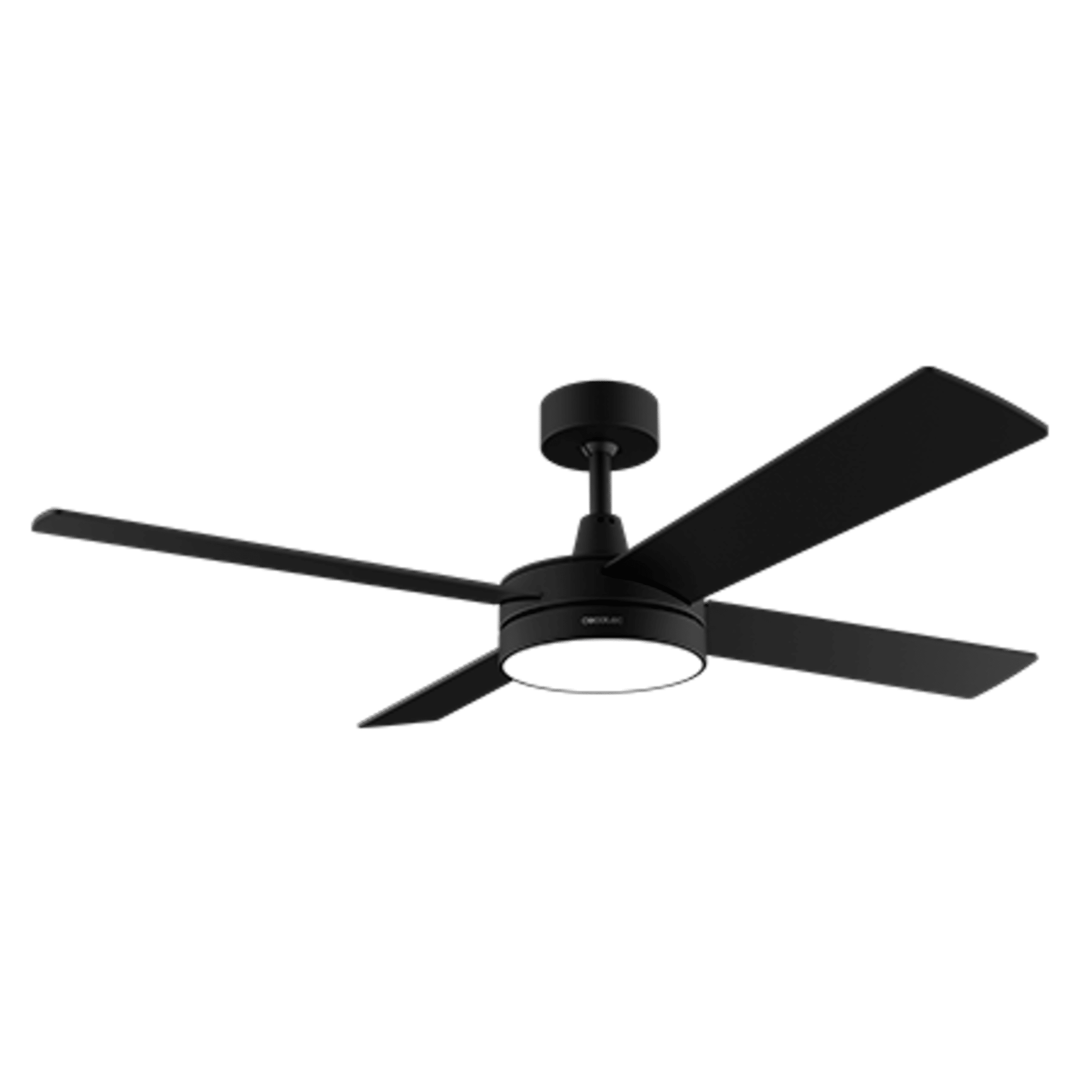 Ventilador de techo negro con cuatro aspas y luz integrada.