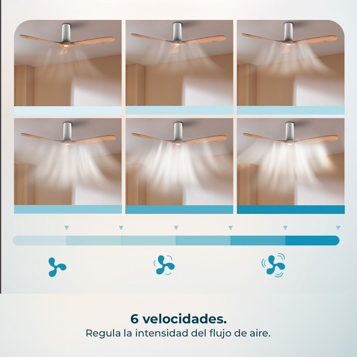 Ventilador de techo con aspas de madera, muestra 6 velocidades de aire.