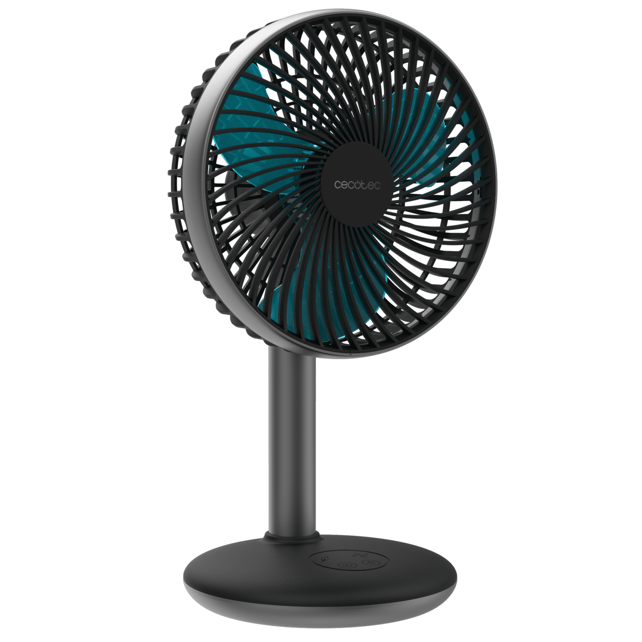 Un ventilador de escritorio negro con aspas azules y borde plateado sobre una base redonda.