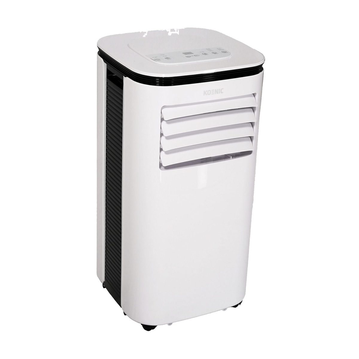 Una unidad de aire acondicionado portátil blanca con rejillas y panel de control.