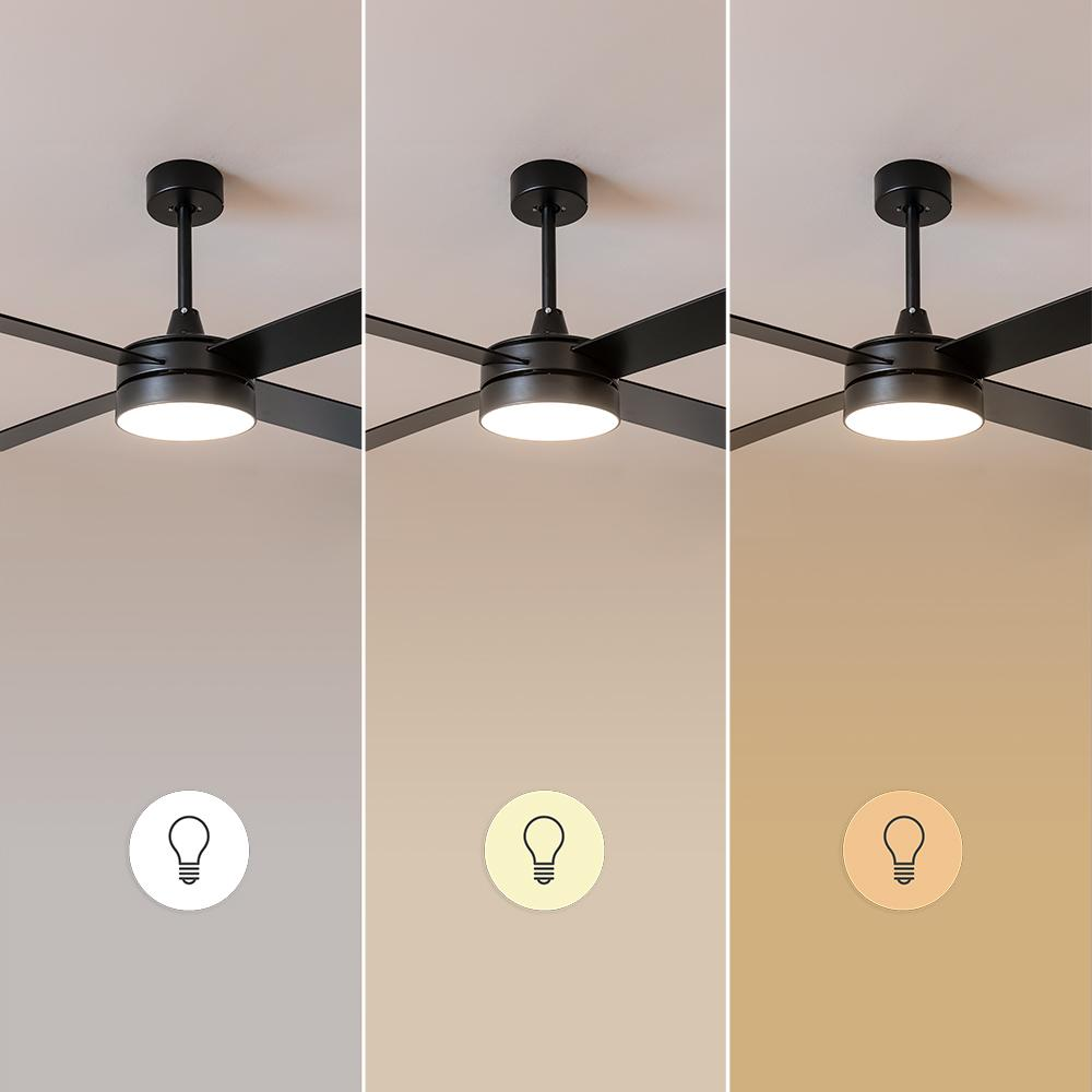 Ventilador de techo negro con luz, mostrando diferentes ajustes de brillo.