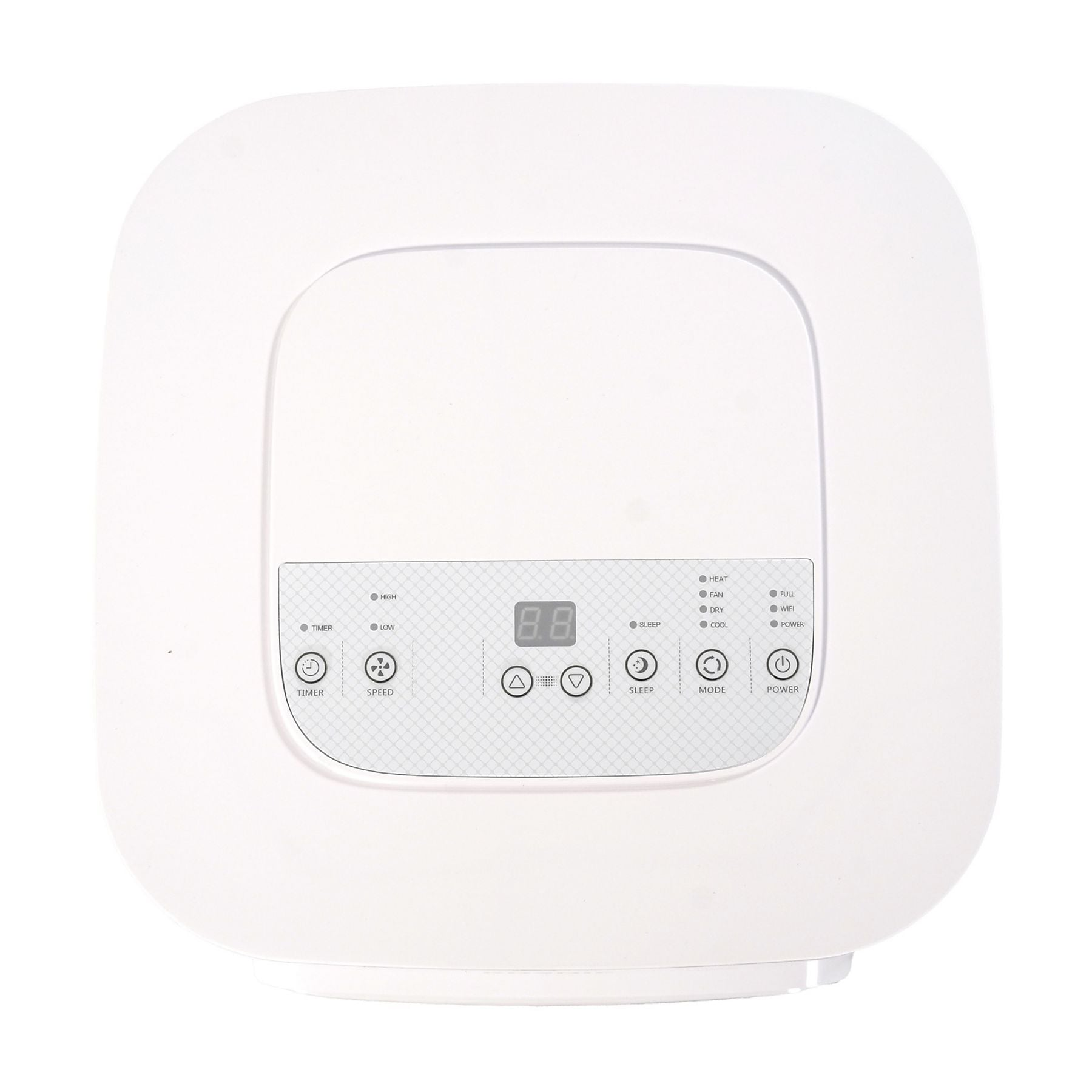 Un aire acondicionado blanco con pantalla digital y varios botones de control.