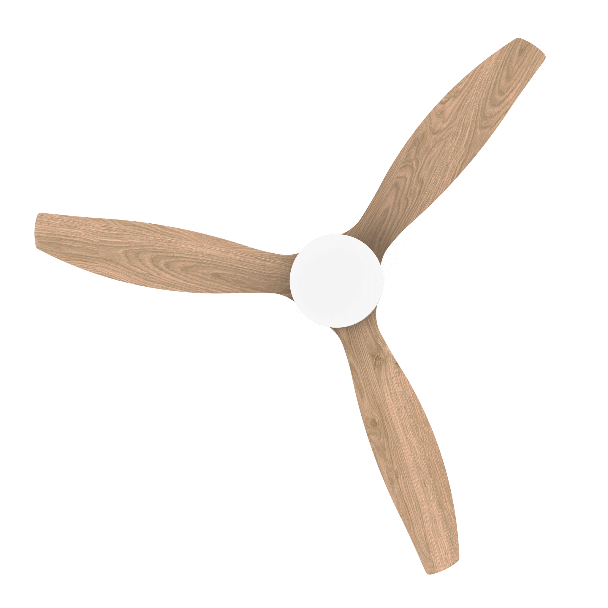 Un ventilador de techo con tres aspas de madera y centro blanco sobre fondo oscuro.