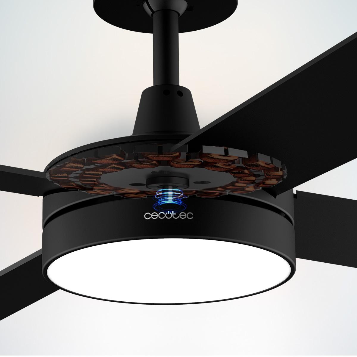 Ventilador de techo negro con luces, detalles visibles del motor y logo Cecotec.