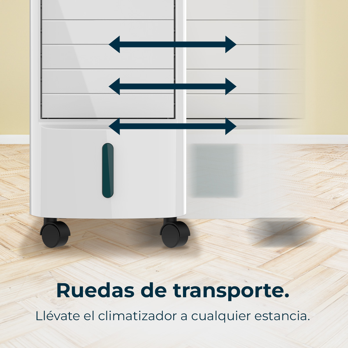 Un enfriador de aire blanco con ruedas, con flechas que indican flujo de aire.