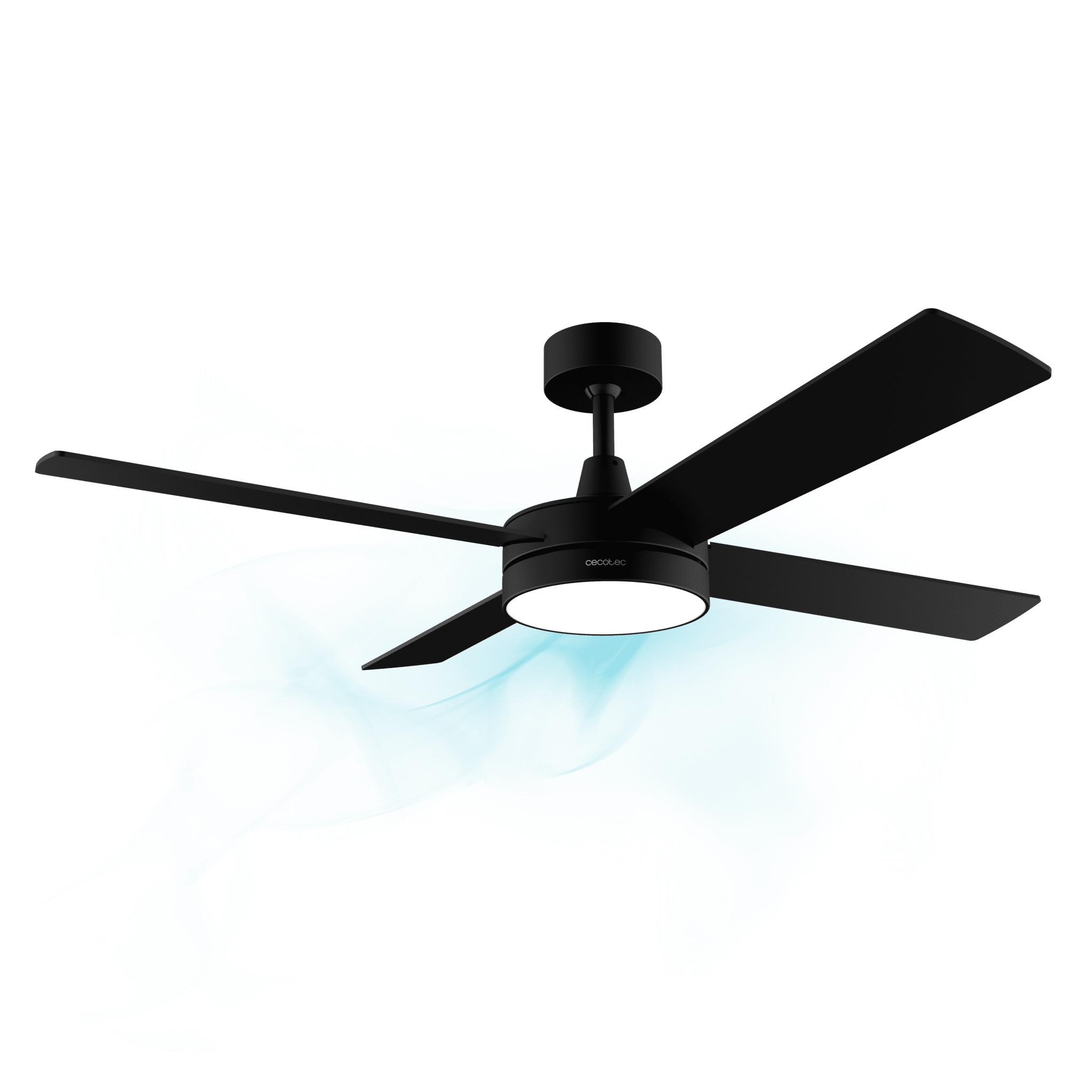 Ventilador de techo negro con luz LED blanca integrada, sobre fondo azul.