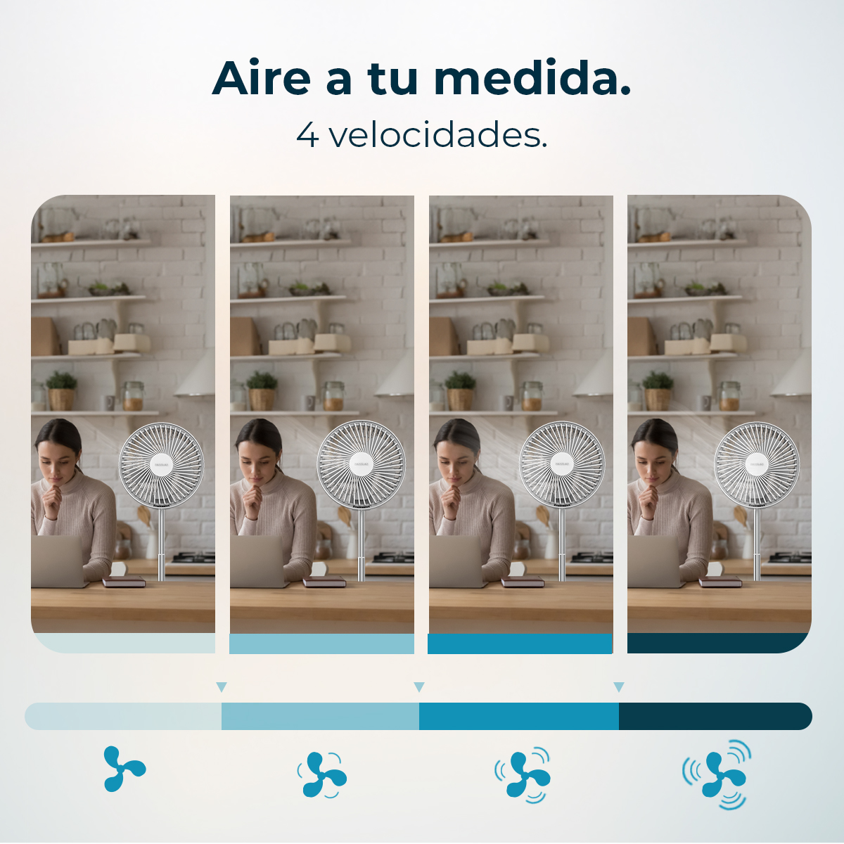 Mujer en laptop con ventilador, se muestran cuatro velocidades.