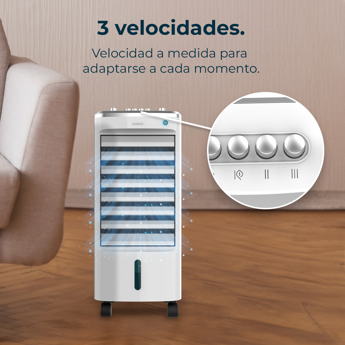 Un enfriador de aire blanco con efectos de flujo de aire azul y botones.