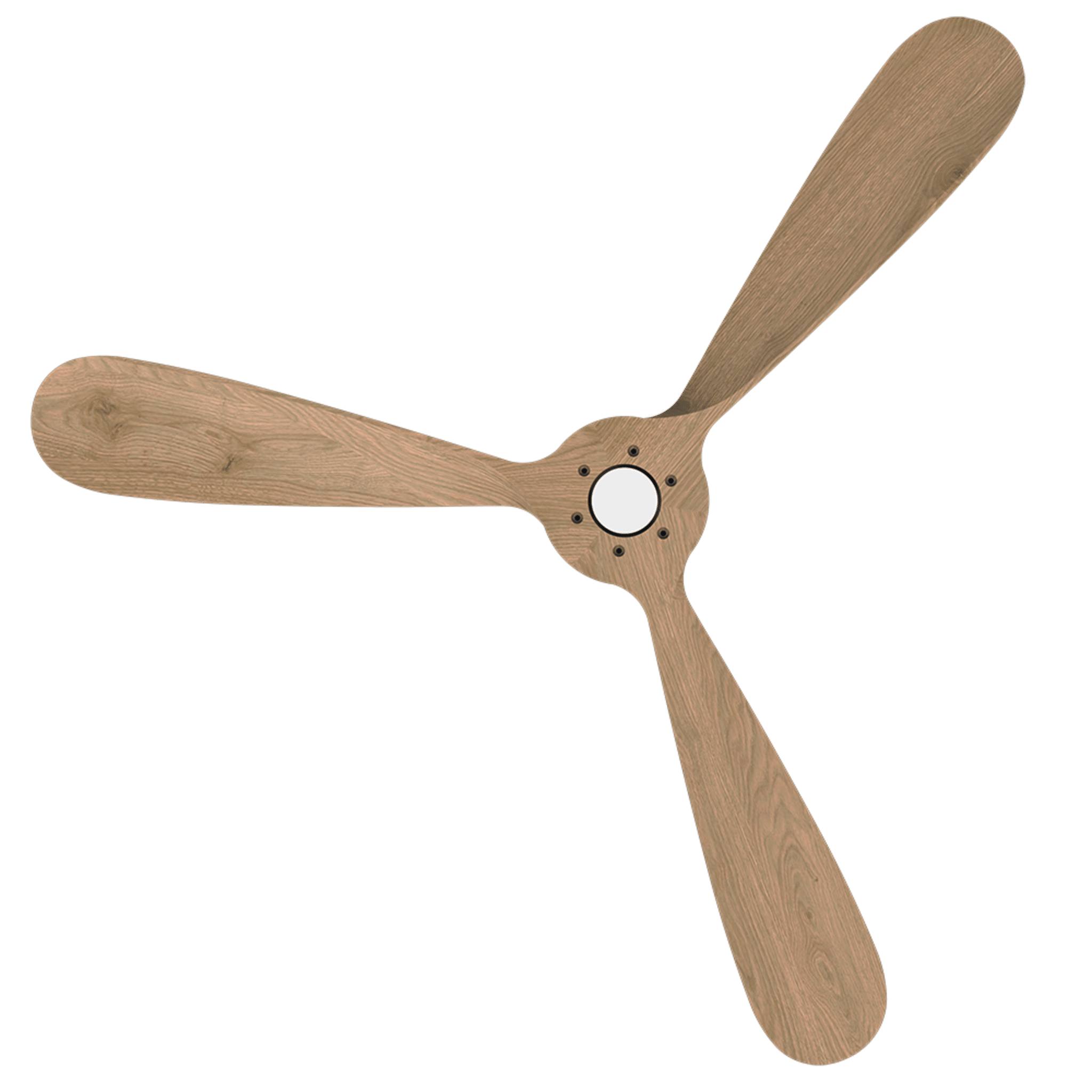 Un ventilador de techo de madera de tres aspas con un centro blanco.