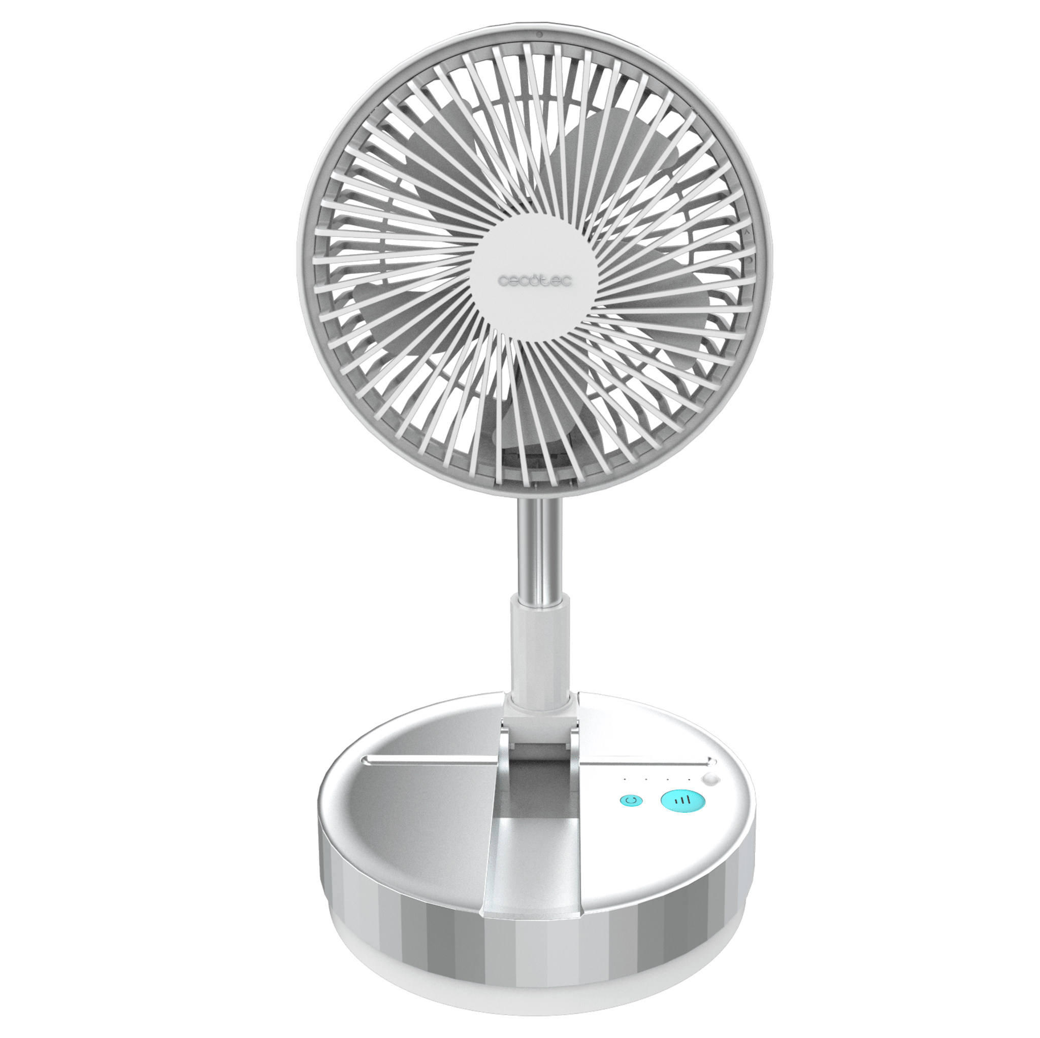 Un ventilador plateado con luz azul en la base se alza sobre fondo verde.