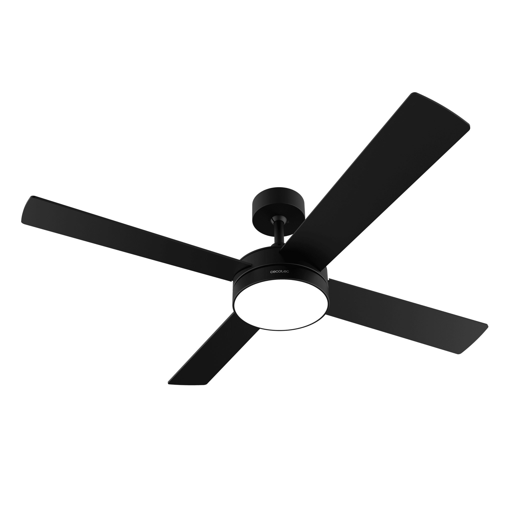 Ventilador de techo negro con luz, cuatro aspas y logo Cecotec.