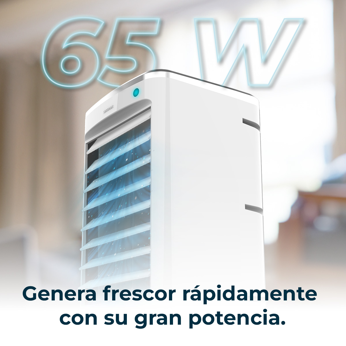 Un enfriador de aire blanco con efectos de luz azul y el texto 65W.