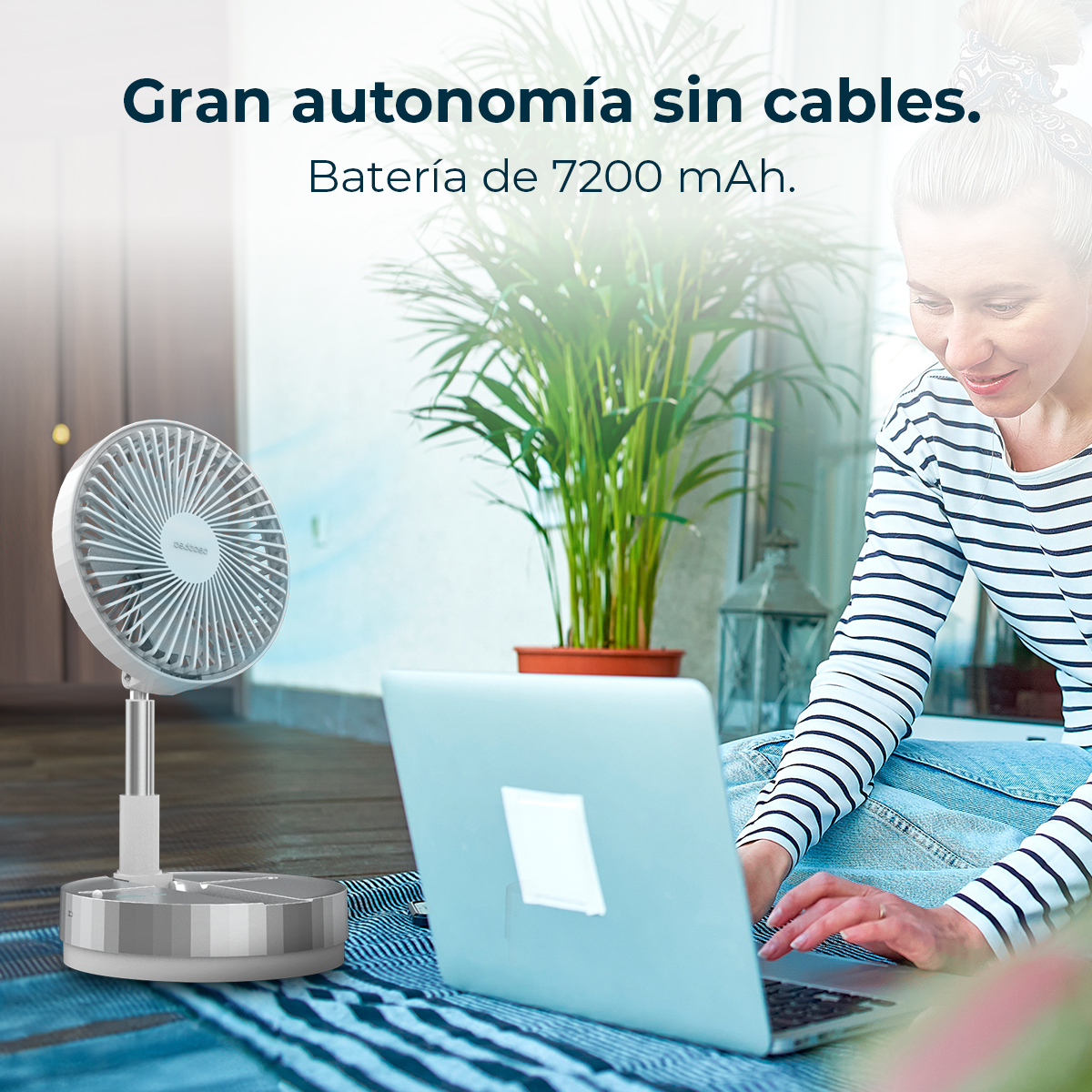 Una mujer trabaja en un portátil, con un ventilador y una planta cerca.
