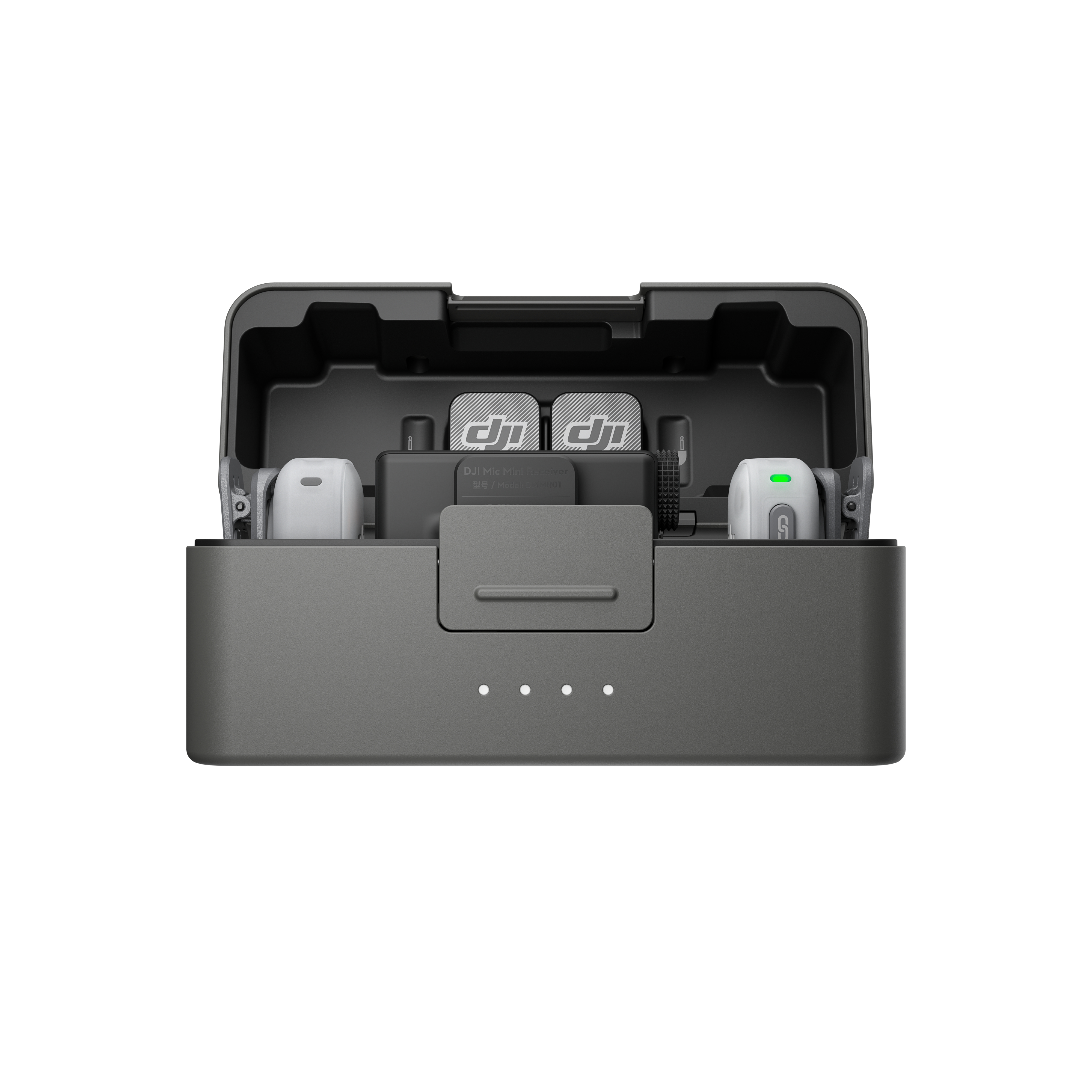Ein graues Ladecase mit zwei weißen Mikrofonen und DJI-Logos.